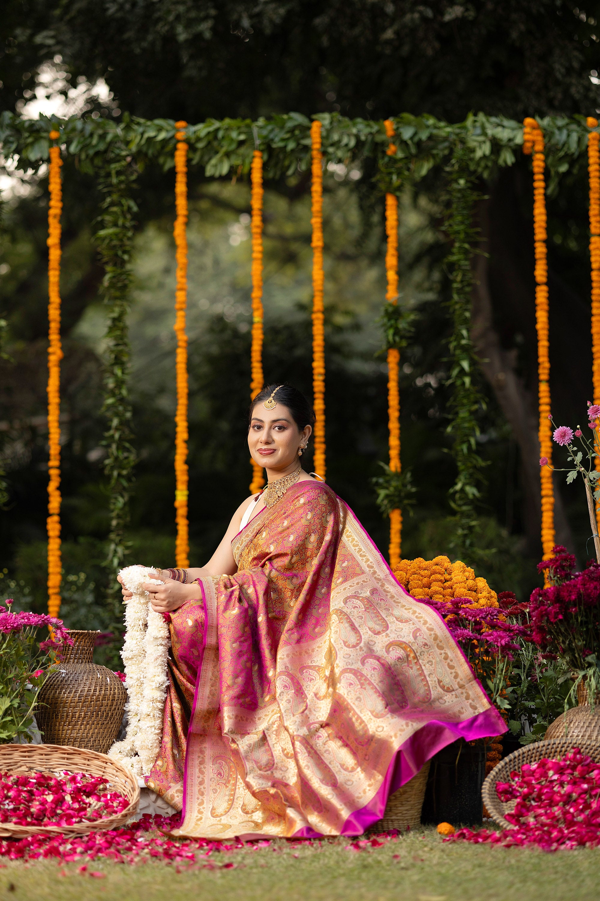 Banarasi pure silk red-pink Tanchui saree with intricate Resham weaving and small zari Buti