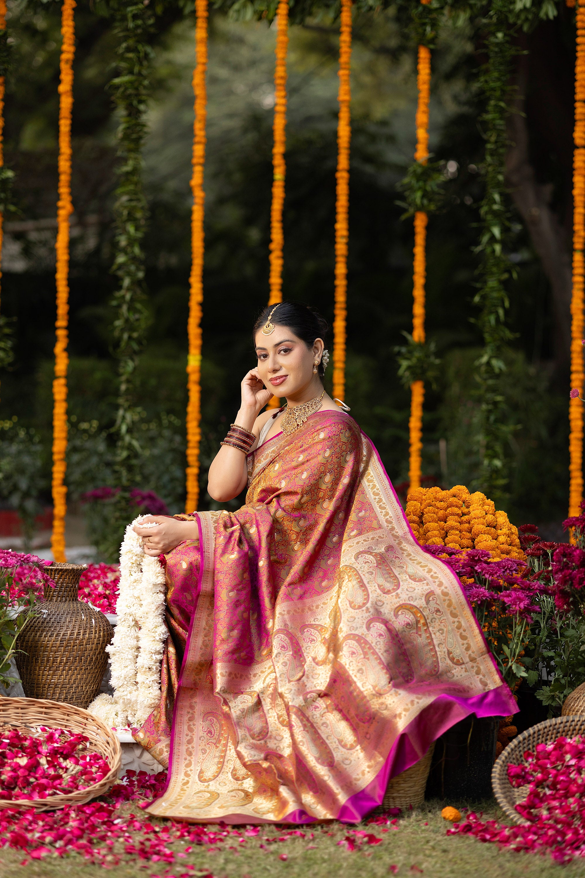 Banarasi pure silk red-pink Tanchui saree with intricate Resham weaving and small zari Buti