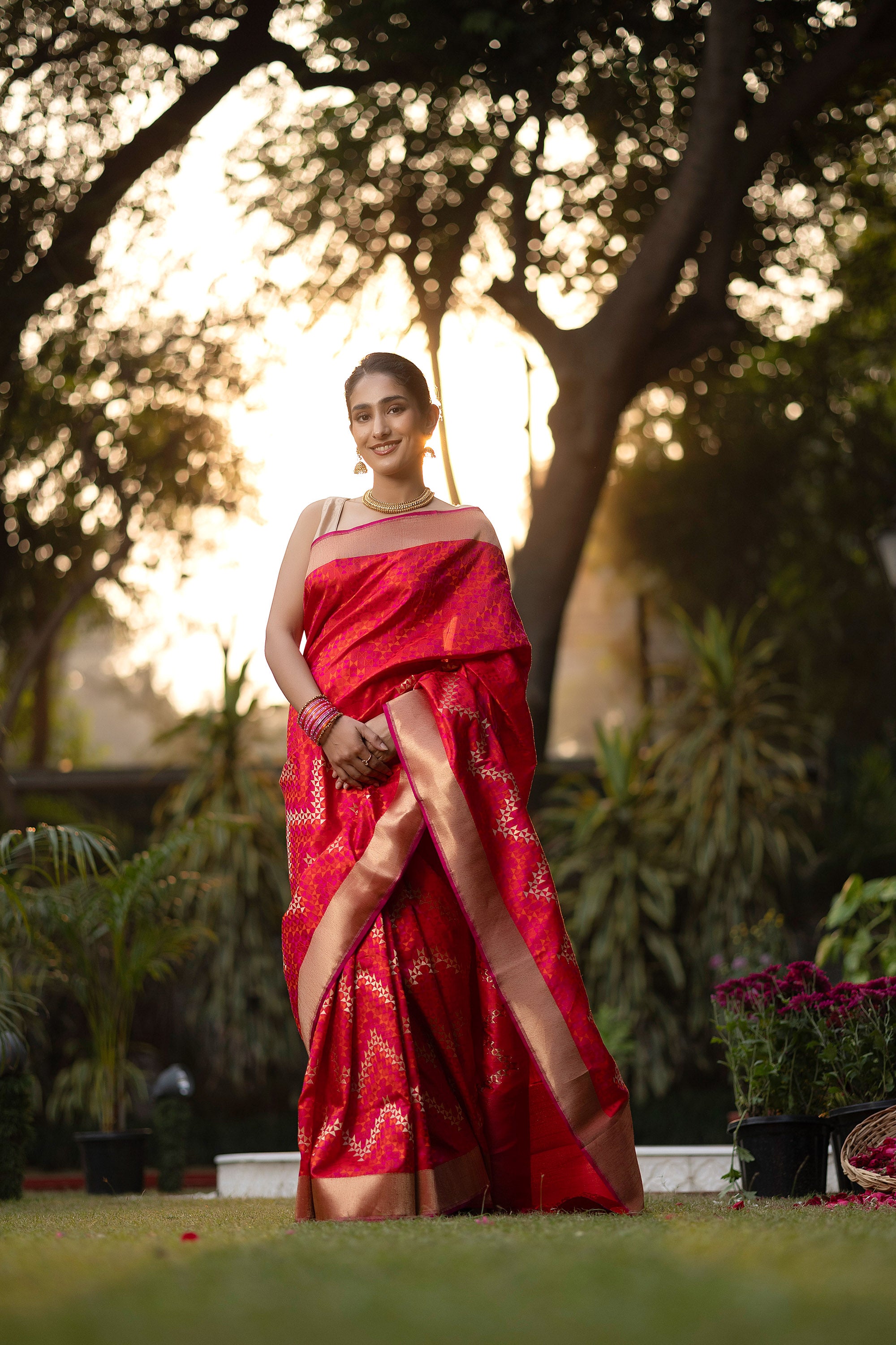 Banarasi pure silk rich crimson red Tanchui saree with intricate Resham weaving and some zari work
