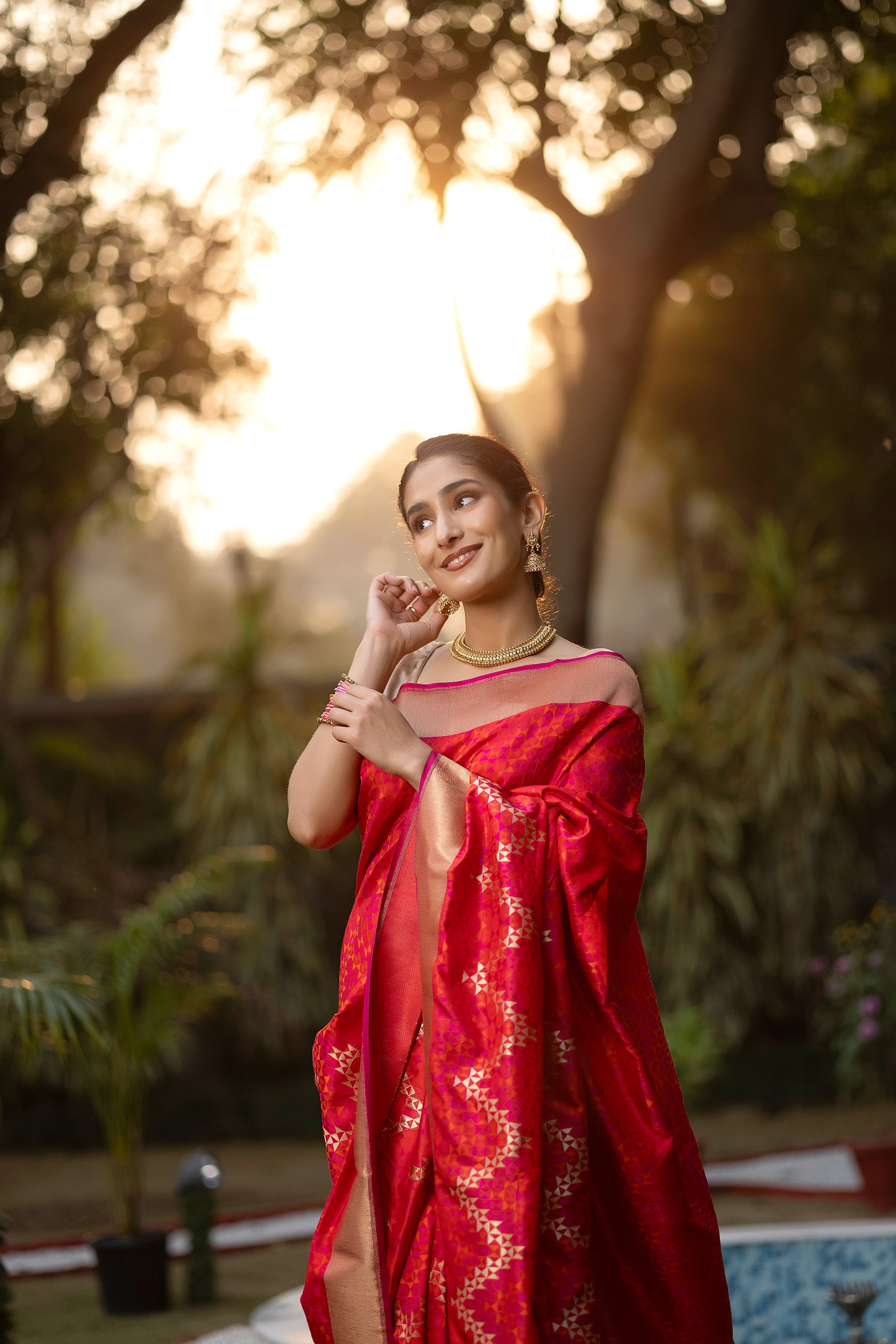 Banarasi pure silk rich crimson red Tanchui saree with intricate Resham weaving and some zari work