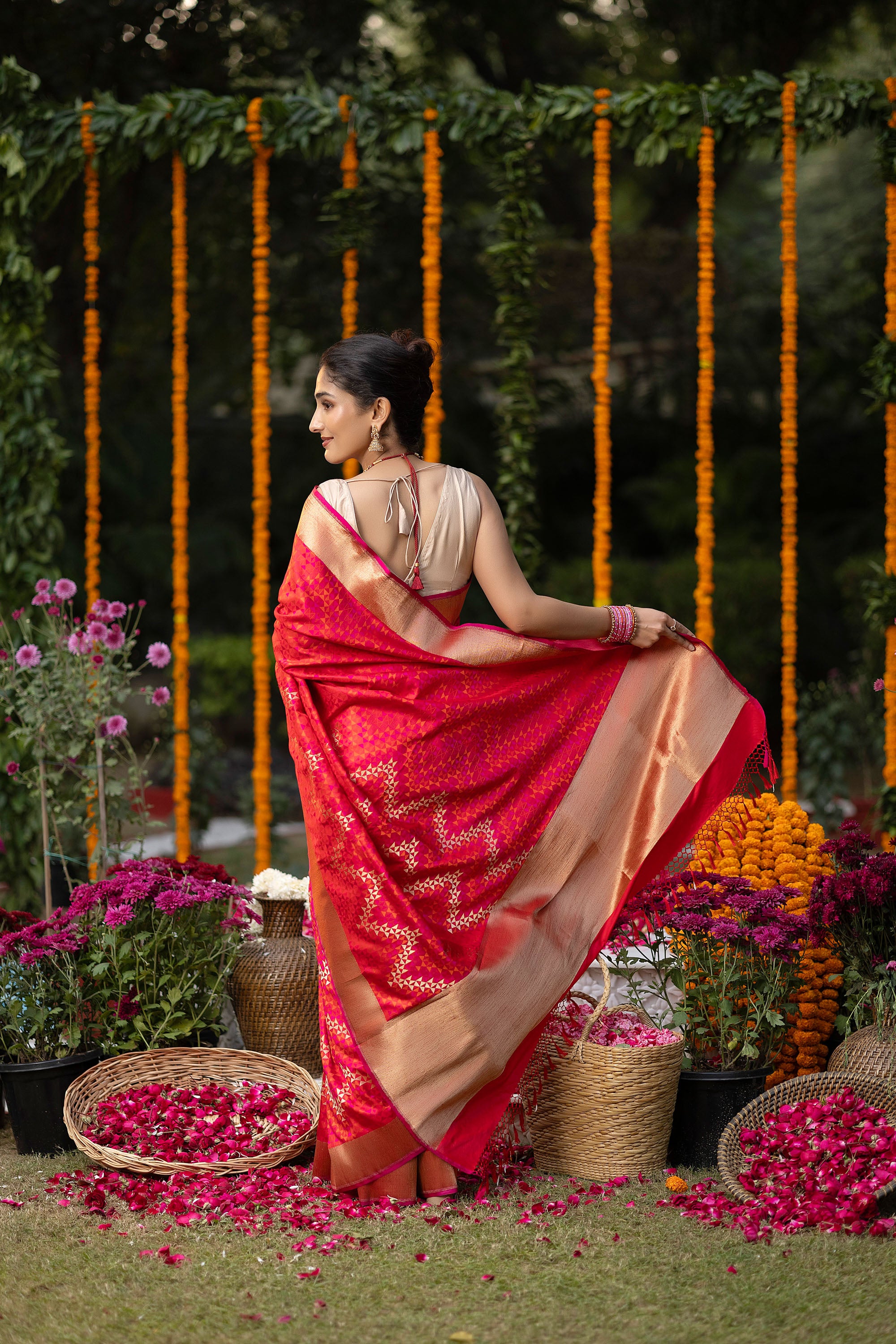 Banarasi pure silk rich crimson red Tanchui saree with intricate Resham weaving and some zari work