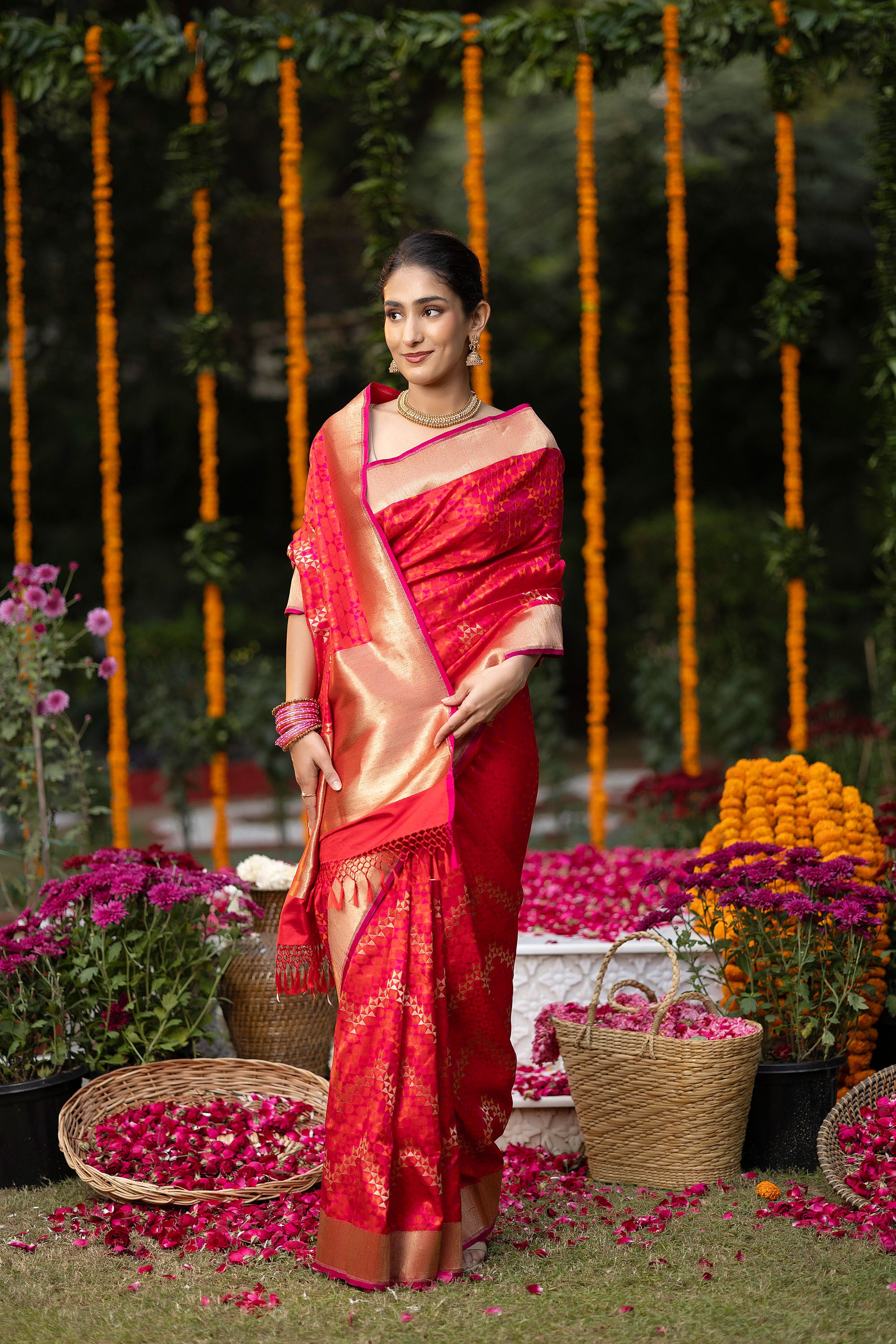 Banarasi pure silk rich crimson red Tanchui saree with intricate Resham weaving and some zari work