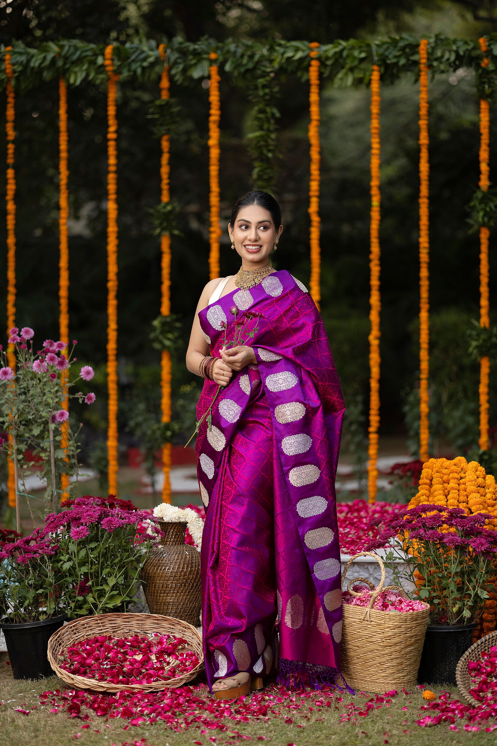 Banarasi pure silk deep magenta tanchui saree with intricate Resham weaving all over and zari motif on the border and pallu