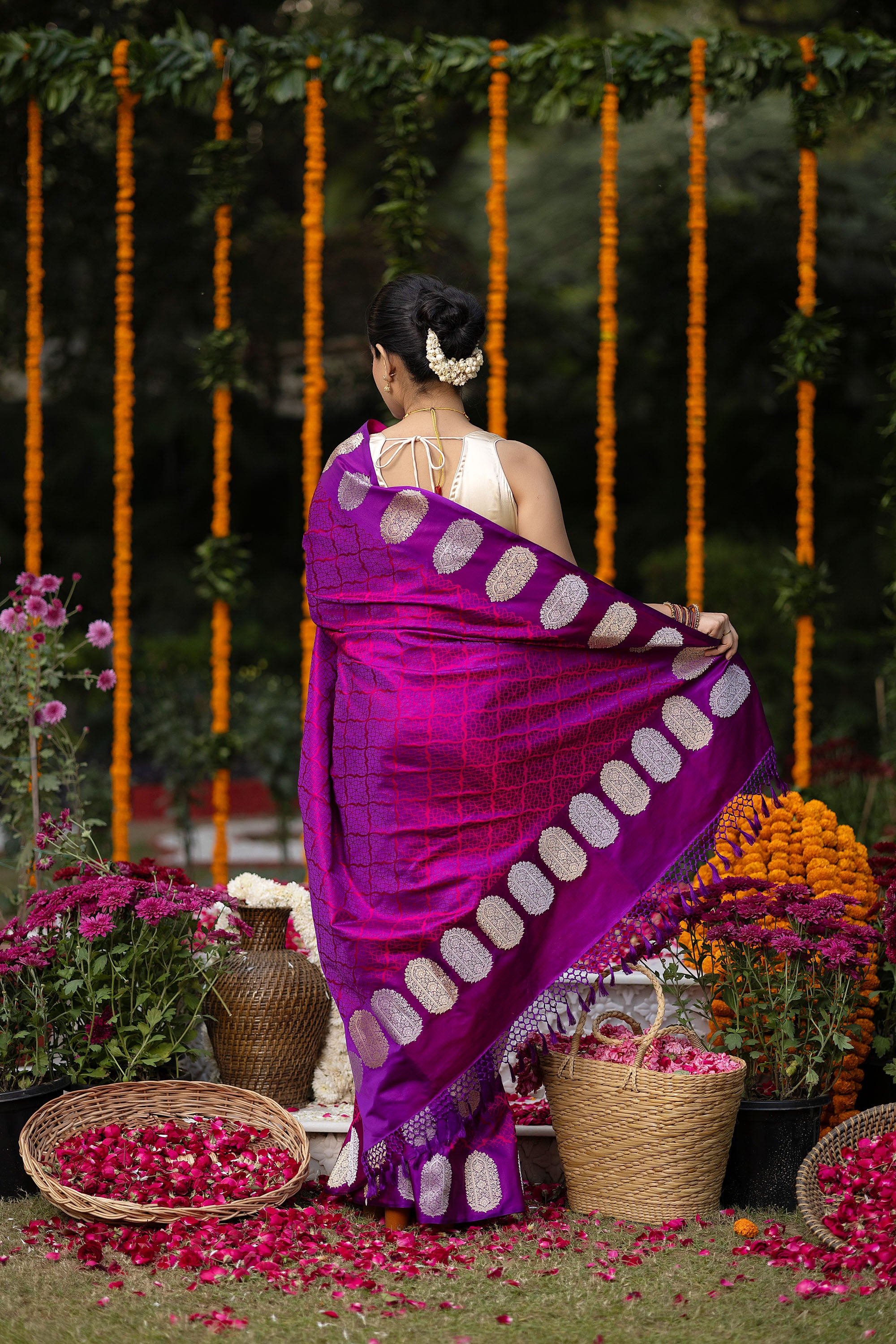 Banarasi pure silk deep magenta tanchui saree with intricate Resham weaving all over and zari motif on the border and pallu