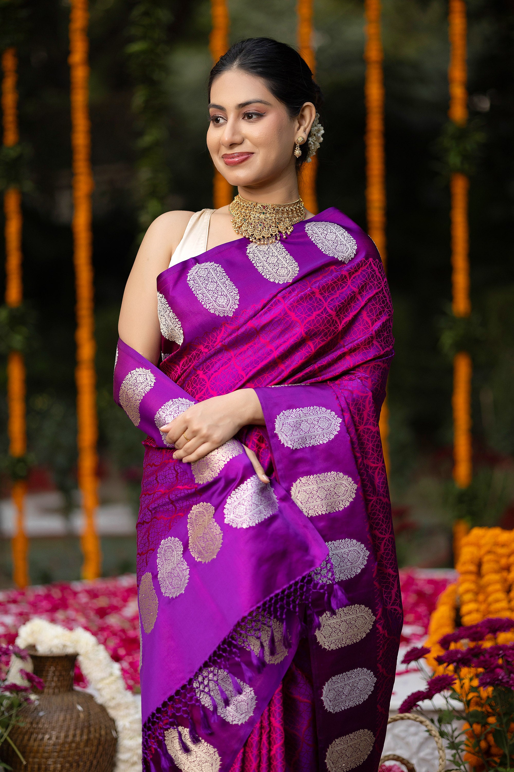 Banarasi pure silk deep magenta tanchui saree with intricate Resham weaving all over and zari motif on the border and pallu