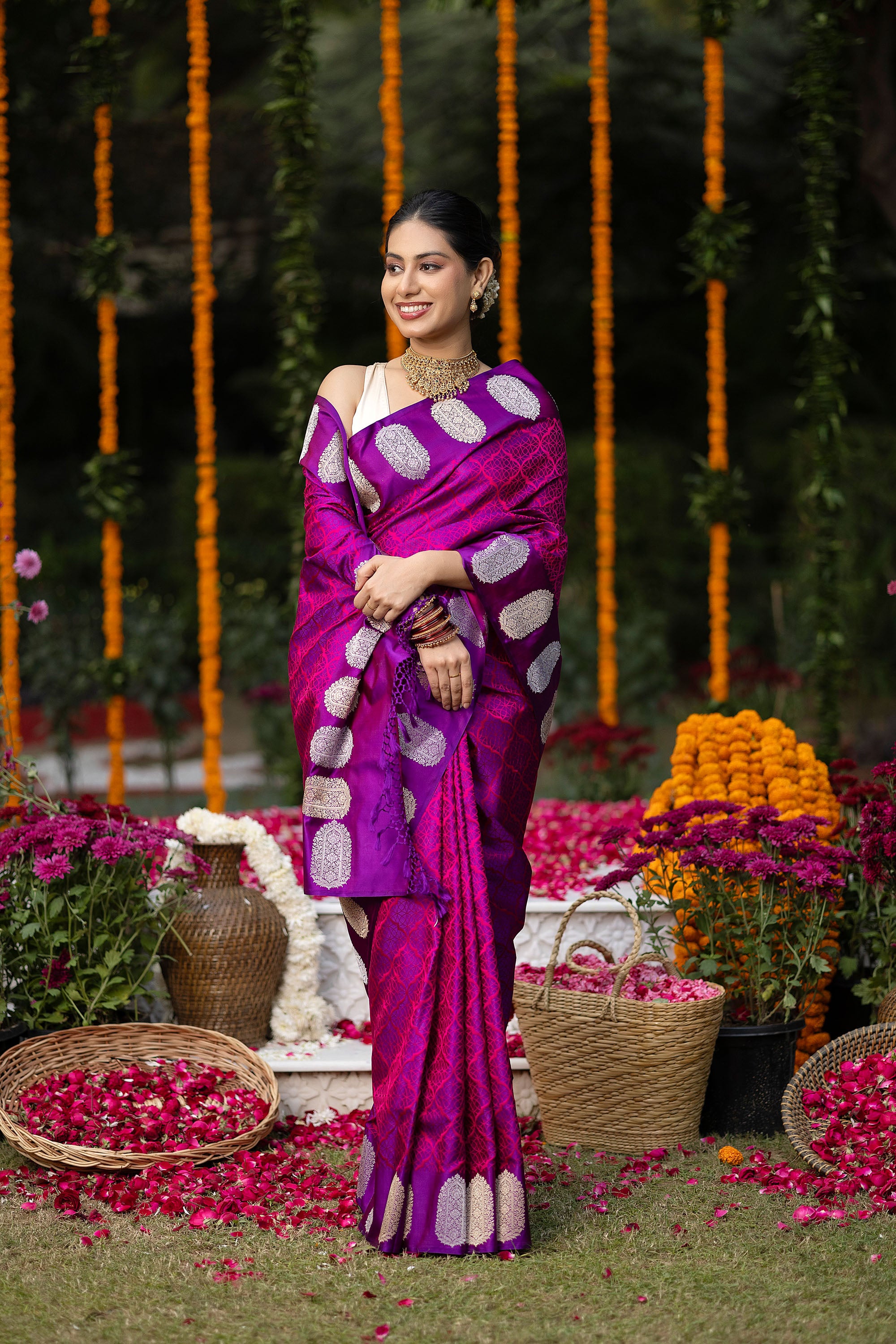 Banarasi pure silk deep magenta tanchui saree with intricate Resham weaving all over and zari motif on the border and pallu