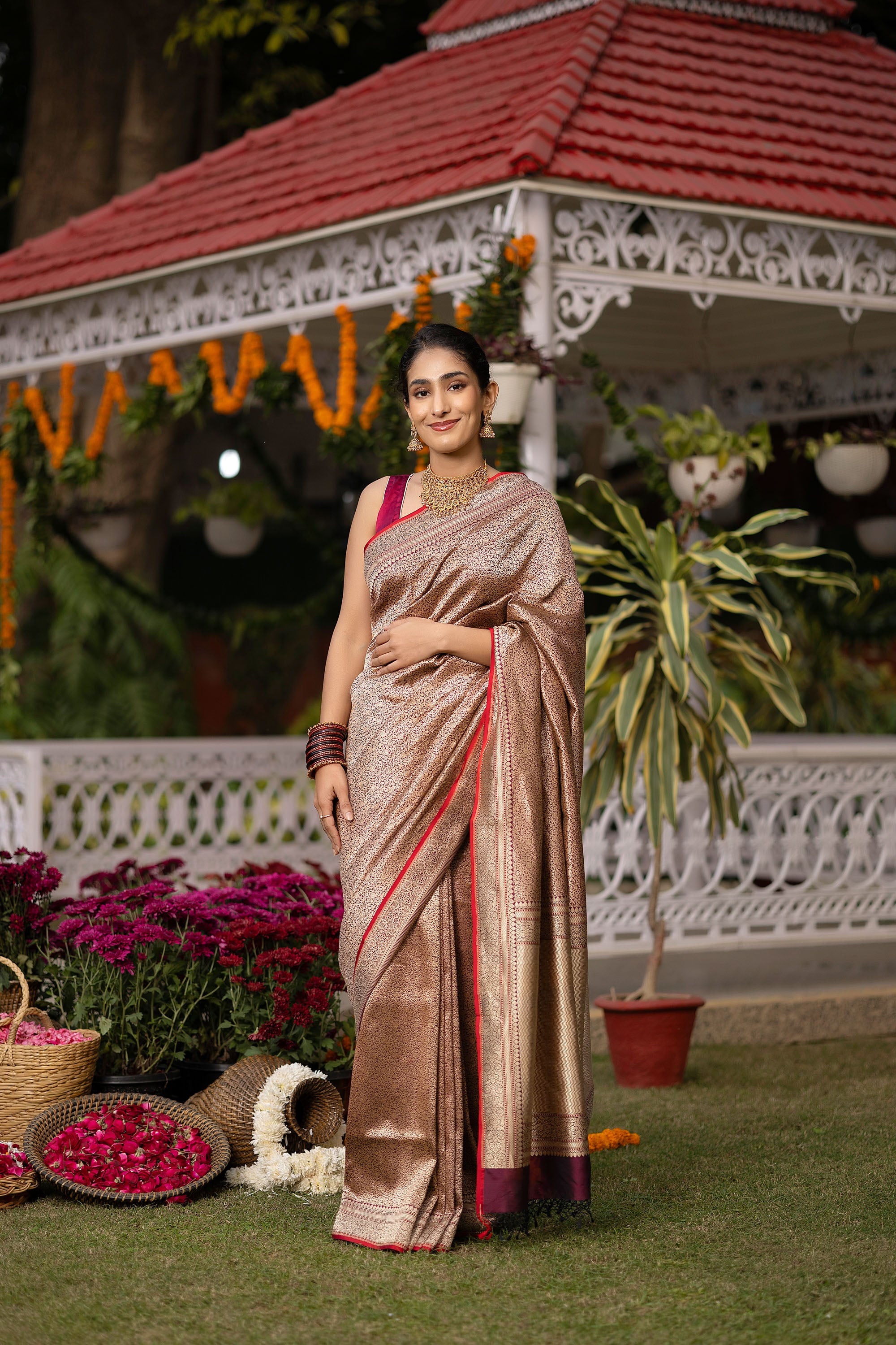 Banarasi Handloom rich red wine pure silk saree with fine zari Jaal work