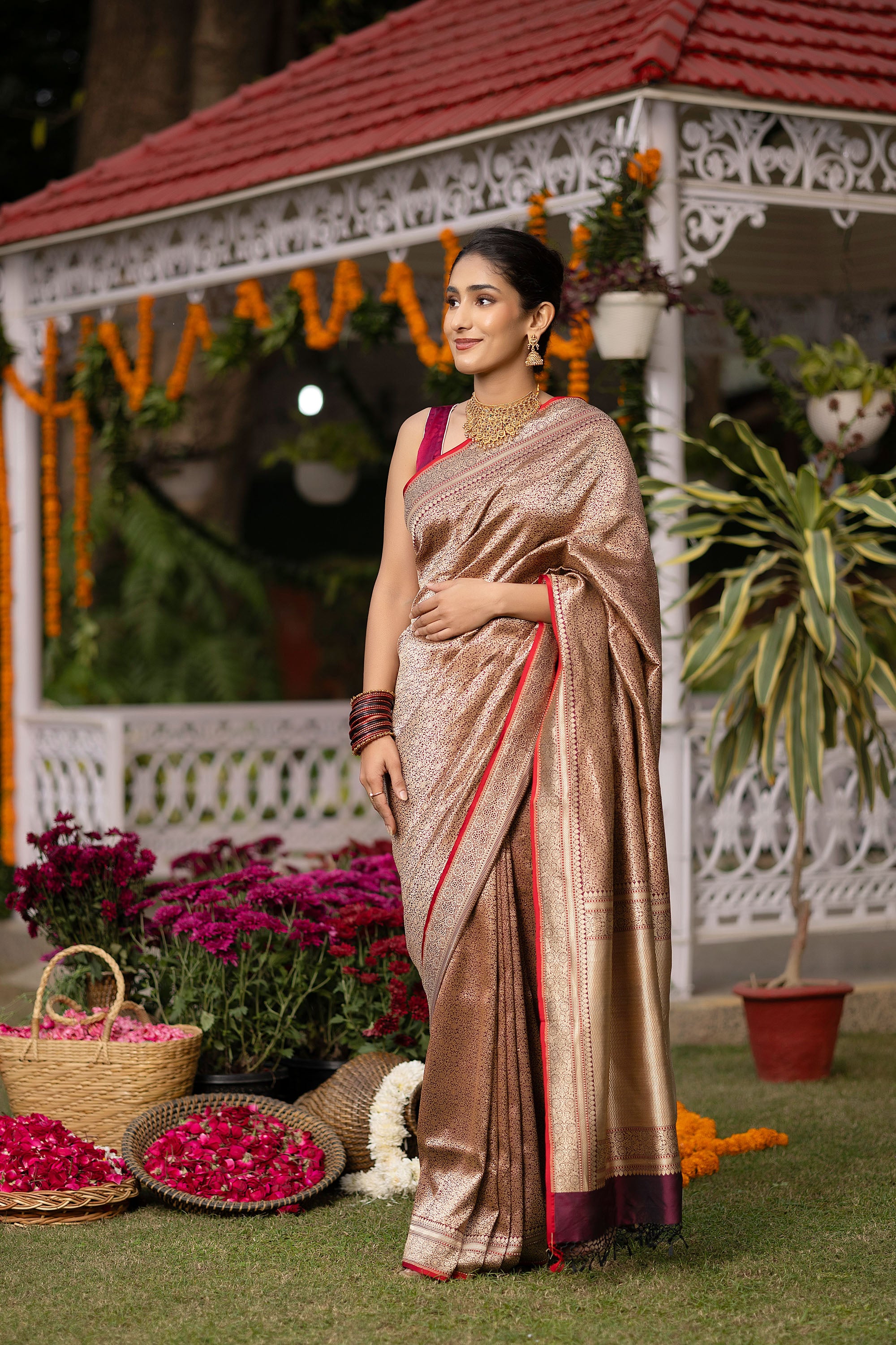 Banarasi Handloom rich red wine pure silk saree with fine zari Jaal work