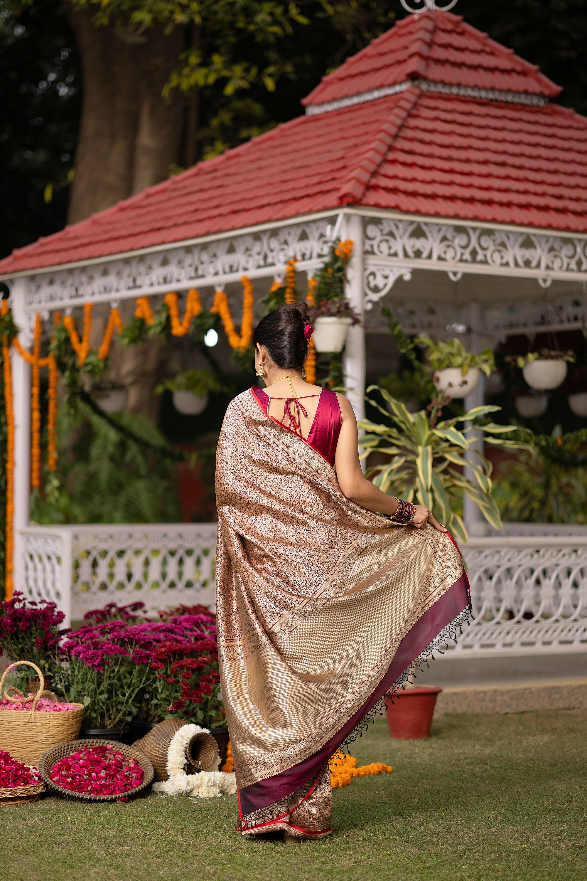 Banarasi Handloom rich red wine pure silk saree with fine zari Jaal work