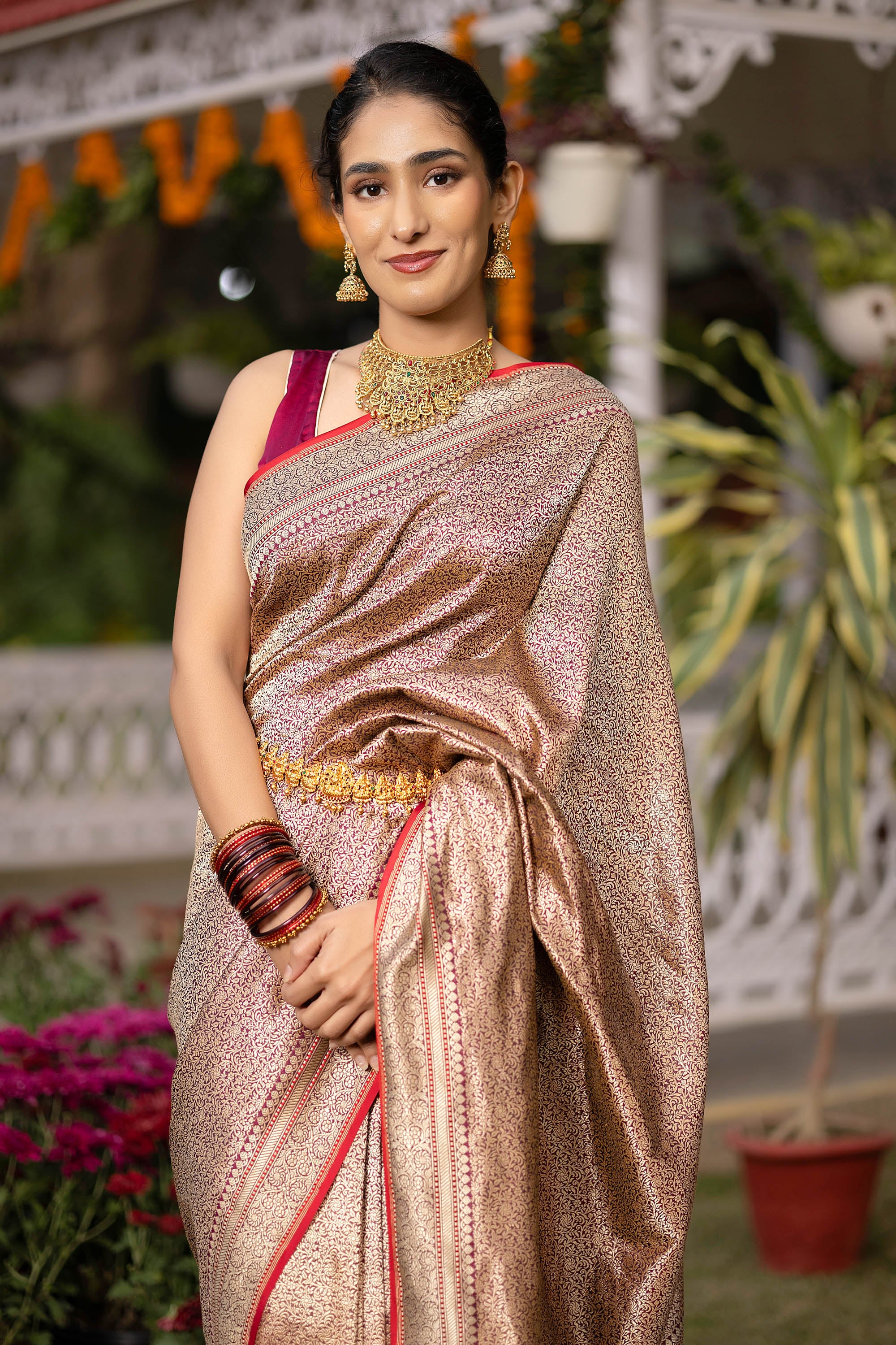 Banarasi Handloom rich red wine pure silk saree with fine zari Jaal work