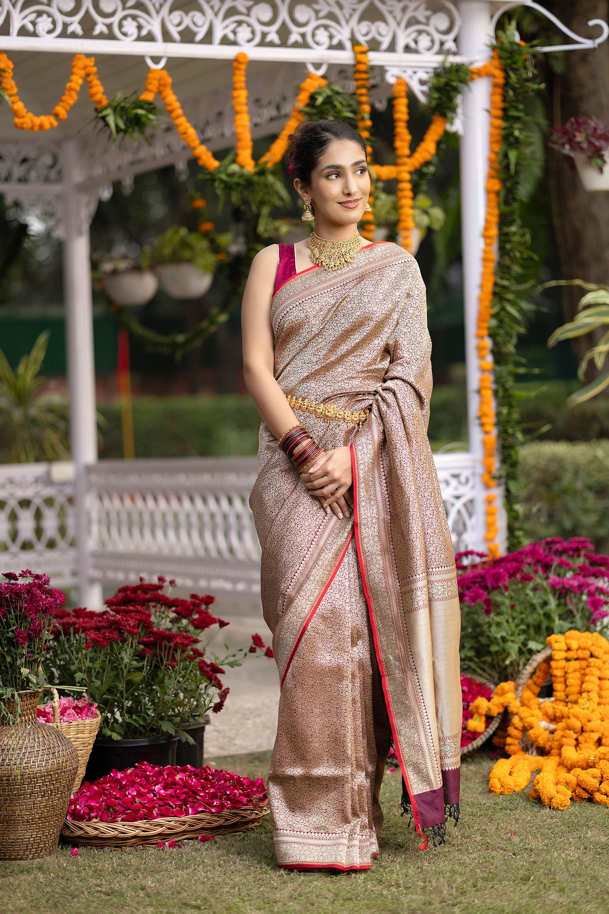 Banarasi Handloom rich red wine pure silk saree with fine zari Jaal work