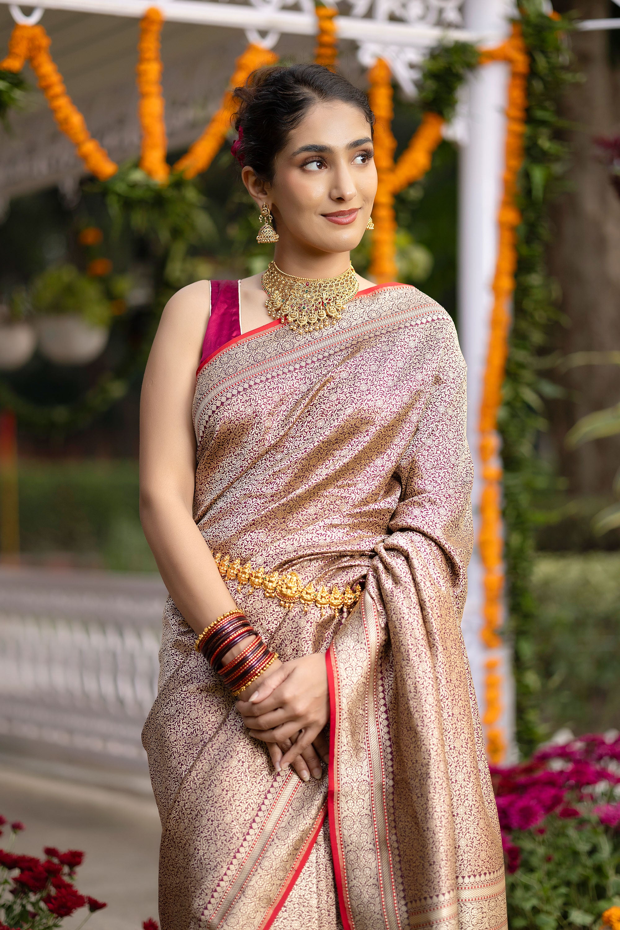 Banarasi Handloom rich red wine pure silk saree with fine zari Jaal work