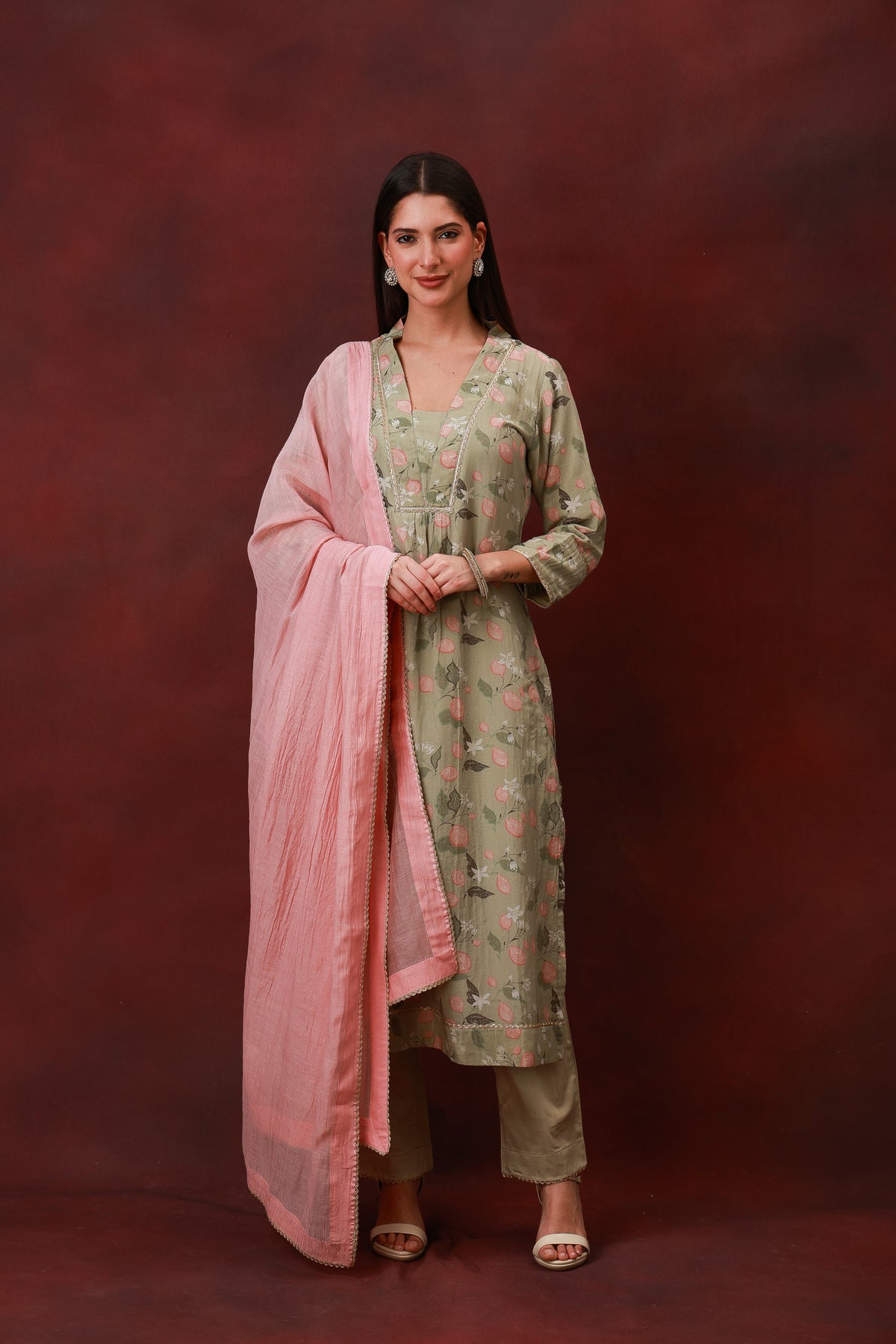 Gulnoor sage green floral Chanderi silk three-piece suit with dupatta, view 5