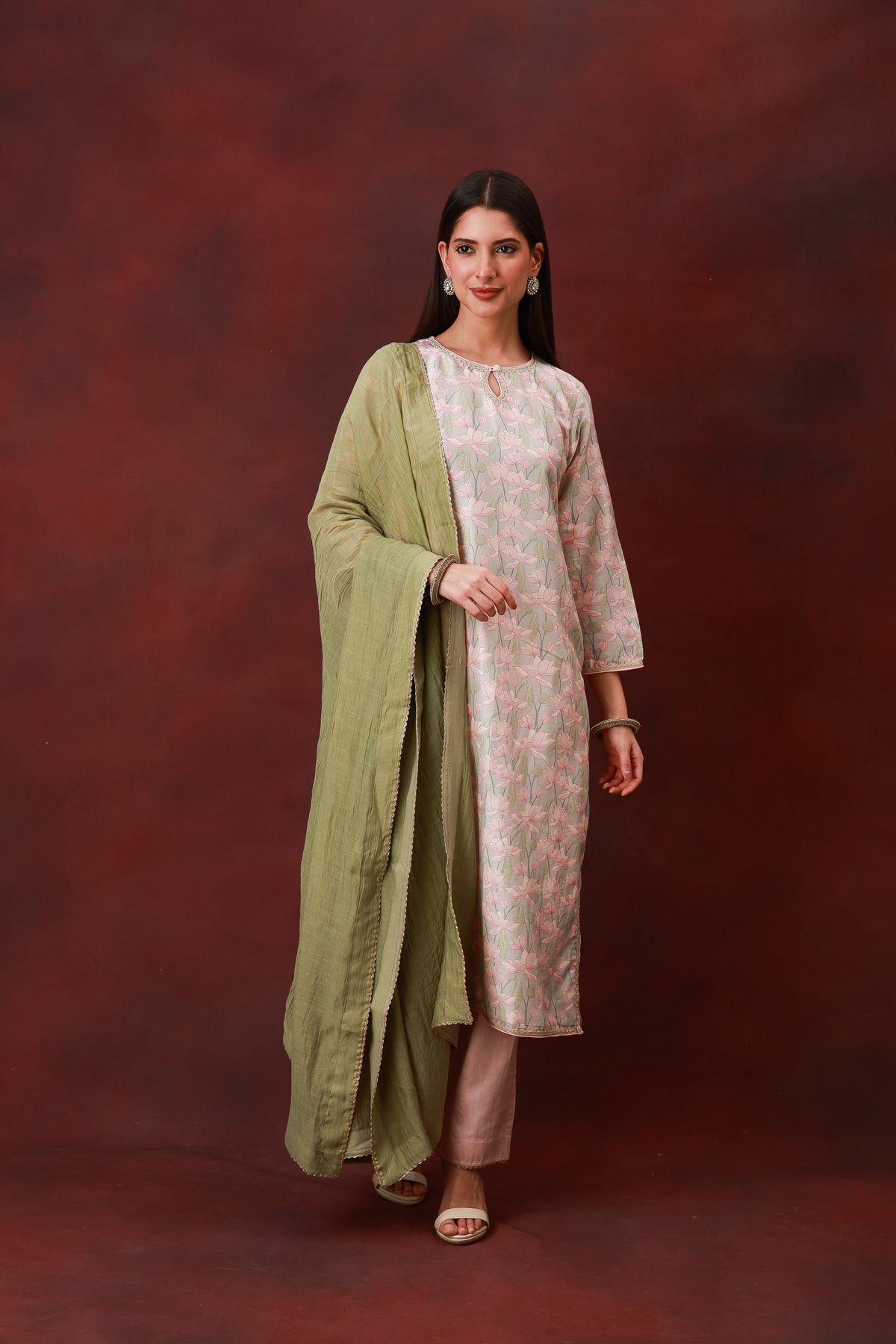 Kamal Phool blush lotus print Chanderi silk suit with olive dupatta, view 4