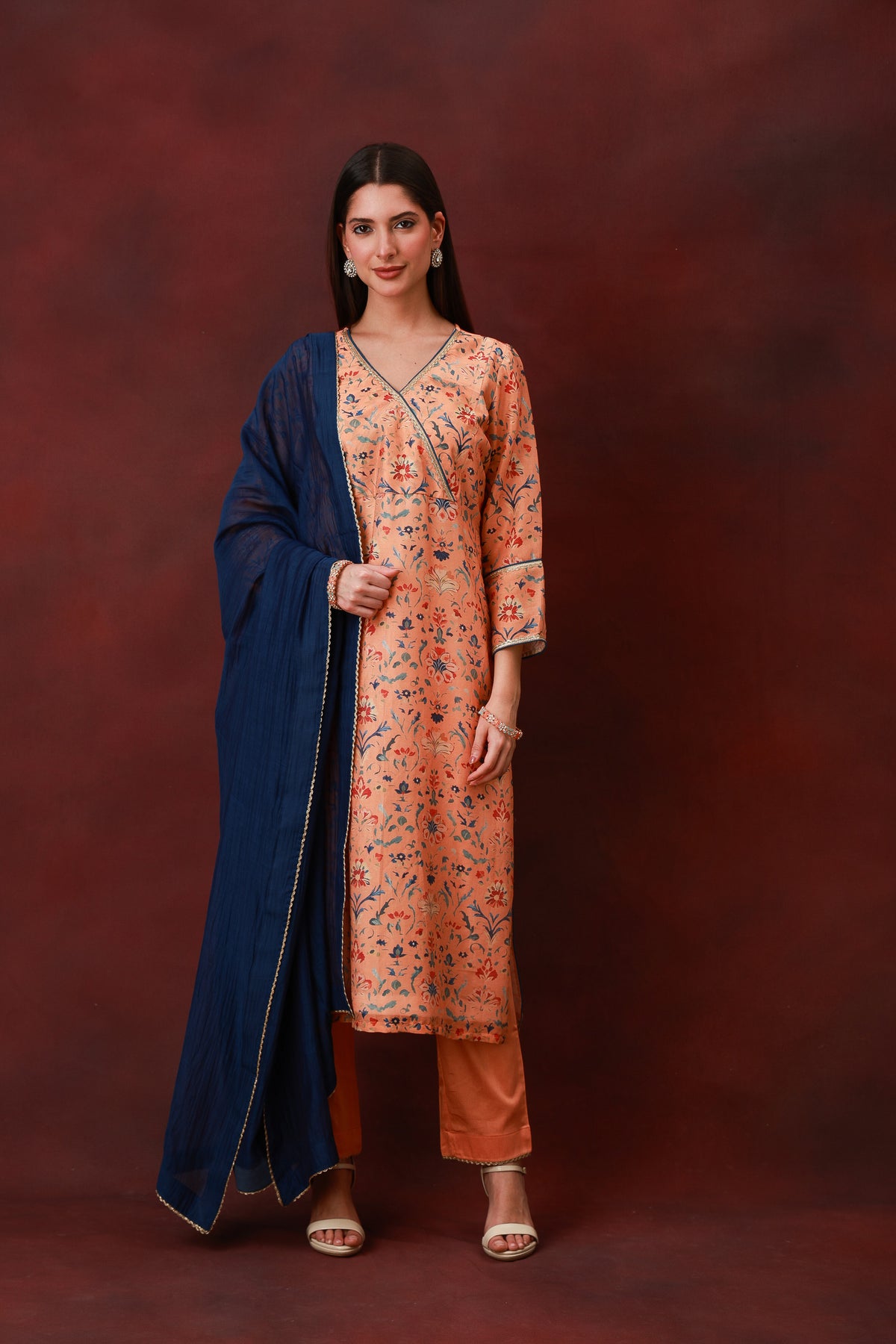 Rangbahar peach floral Chanderi silk suit with navy dupatta, view 2