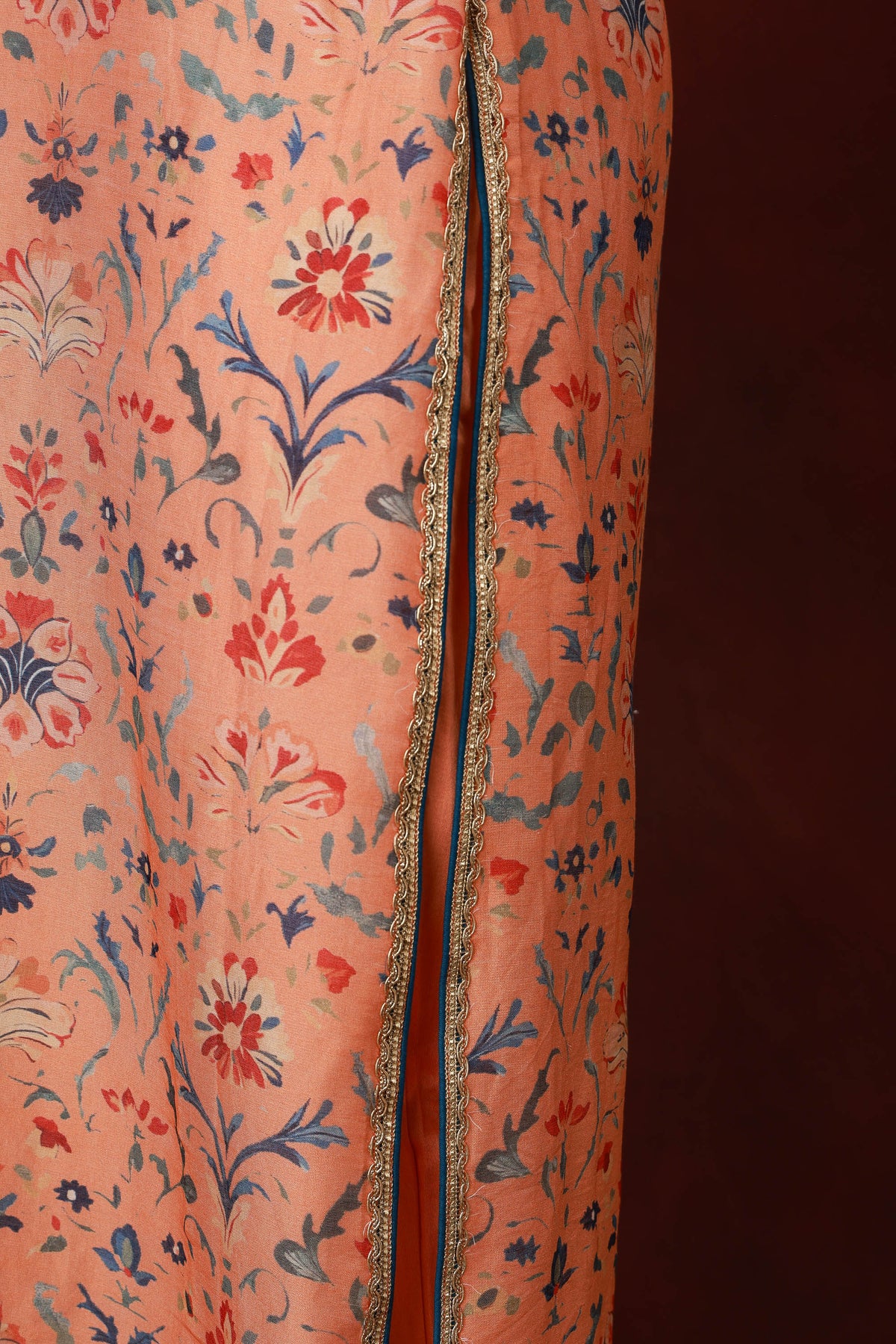 Rangbahar peach floral Chanderi silk suit with navy dupatta, view 6
