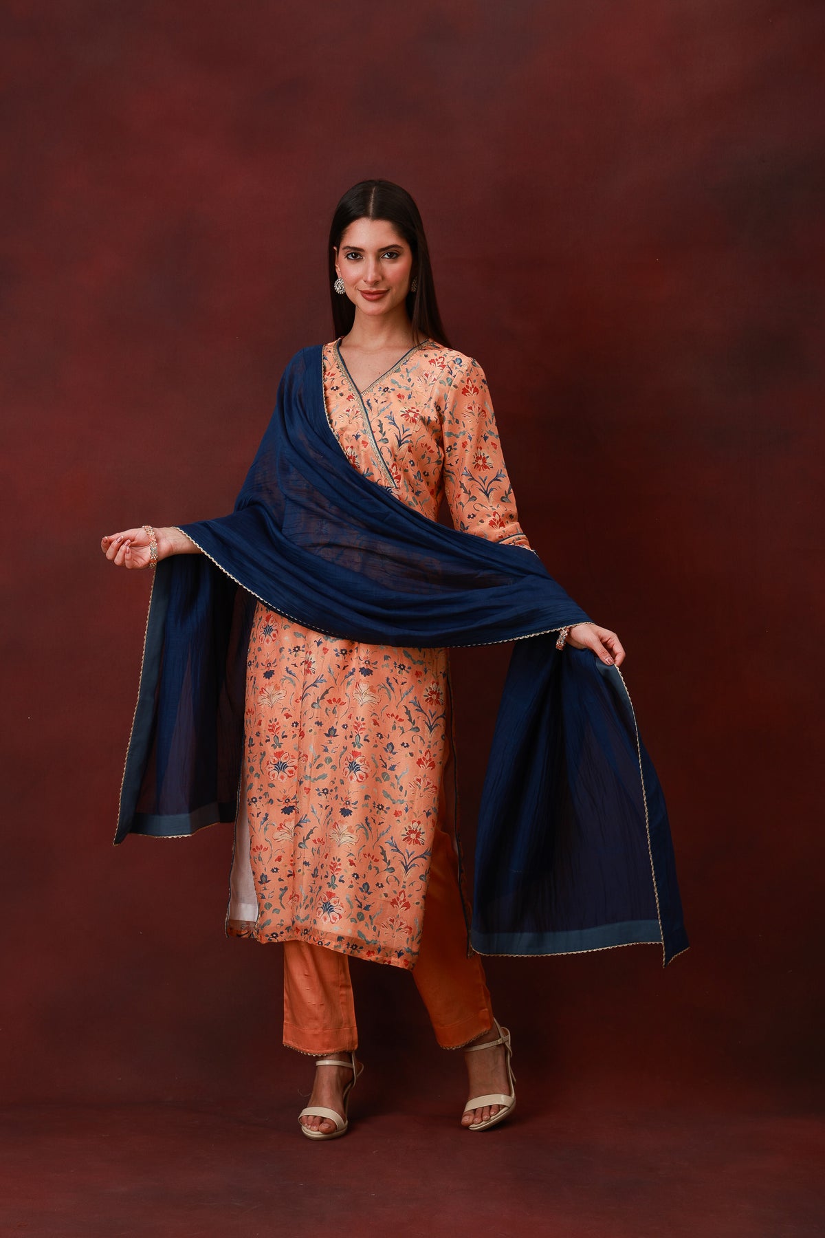 Rangbahar peach floral Chanderi silk suit with navy dupatta, view 8