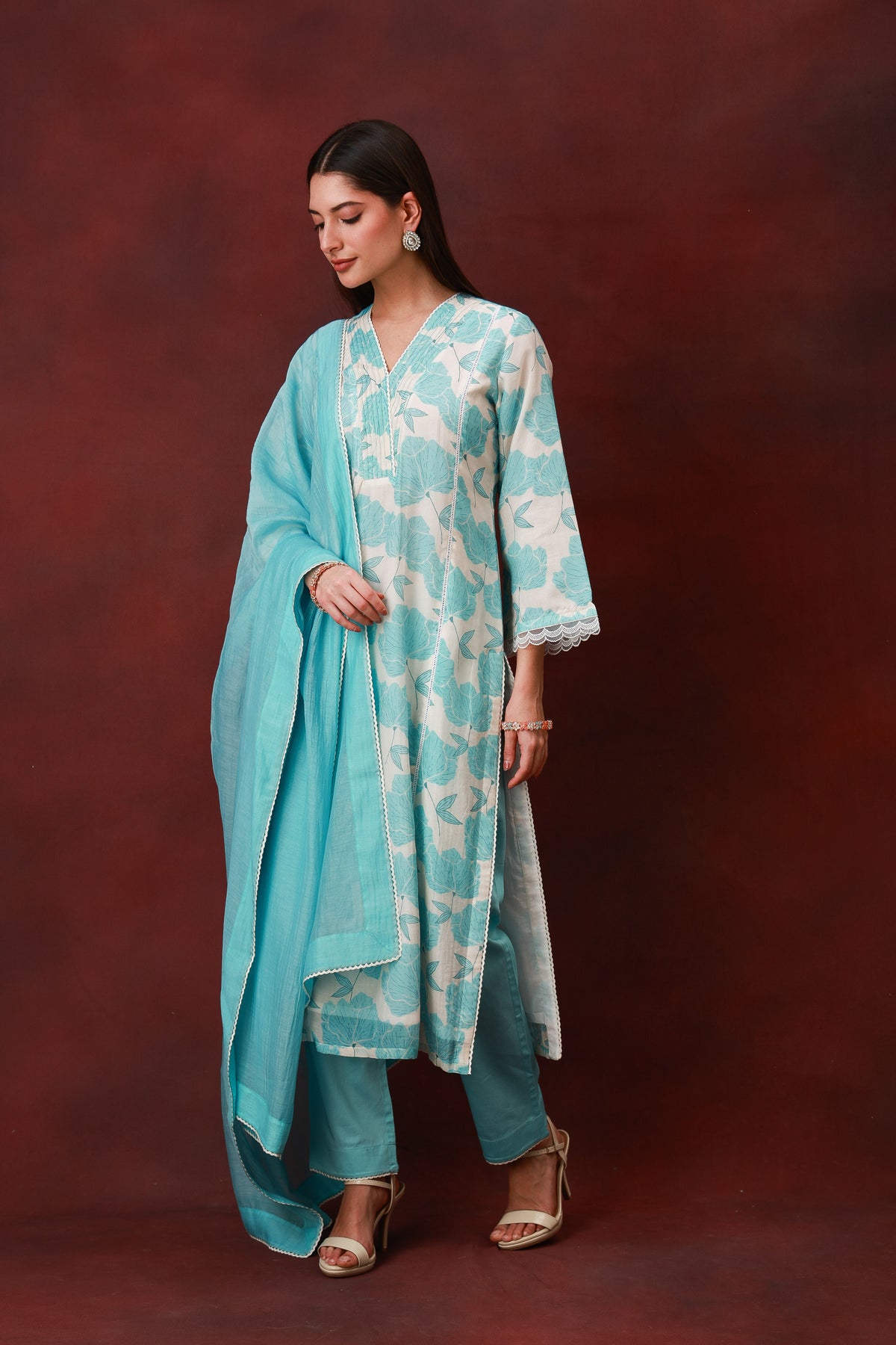 Neelanjali sky blue Chanderi silk three-piece suit with dupatta, view 8