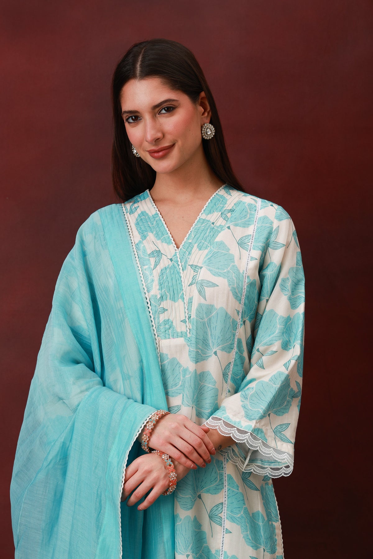 Model wearing the Neelanjali sky blue Chanderi silk three-piece suit with dupatta