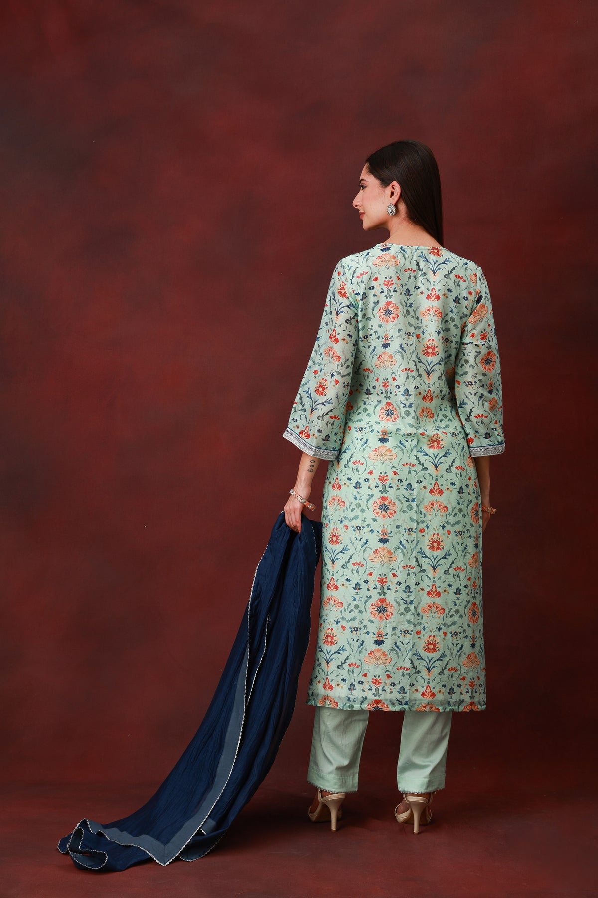 Nirvi sea green floral Chanderi silk suit with navy dupatta, view 8