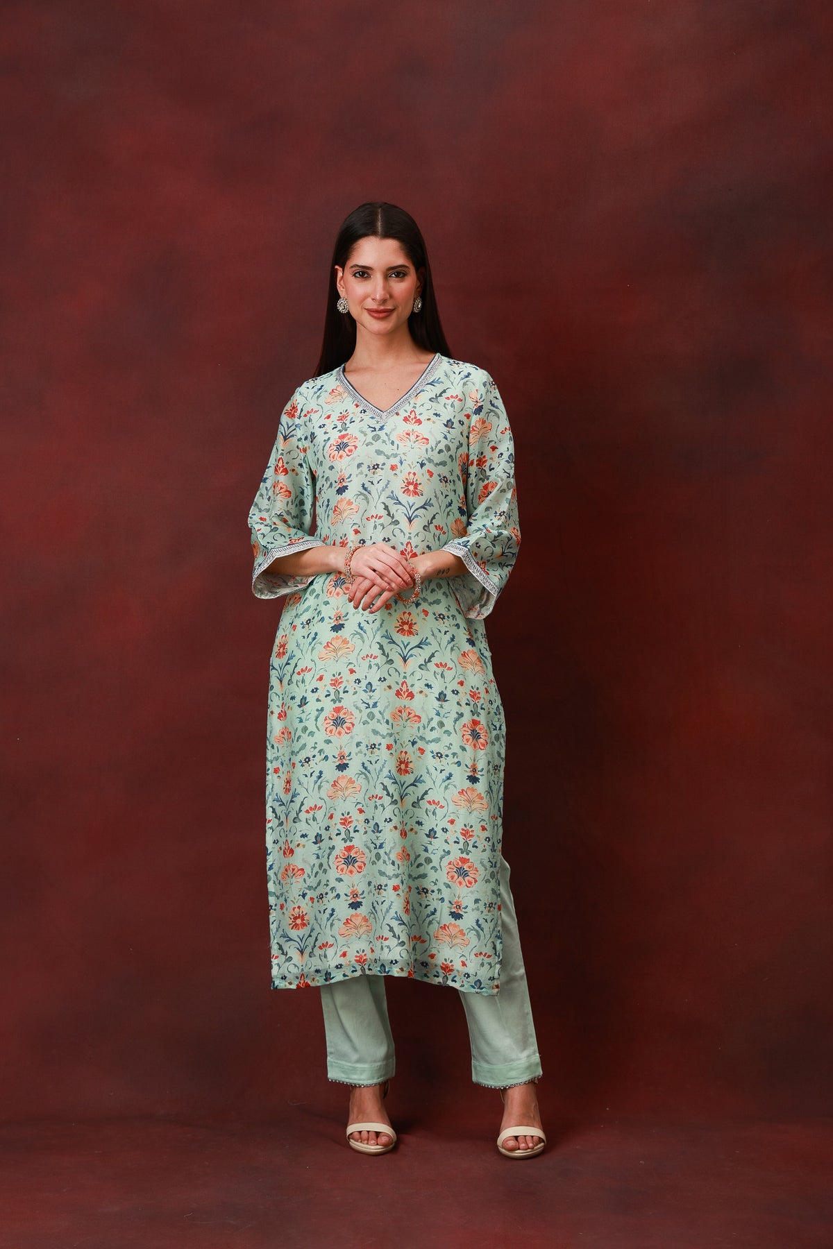 Nirvi sea green floral Chanderi silk suit with navy dupatta, view 6