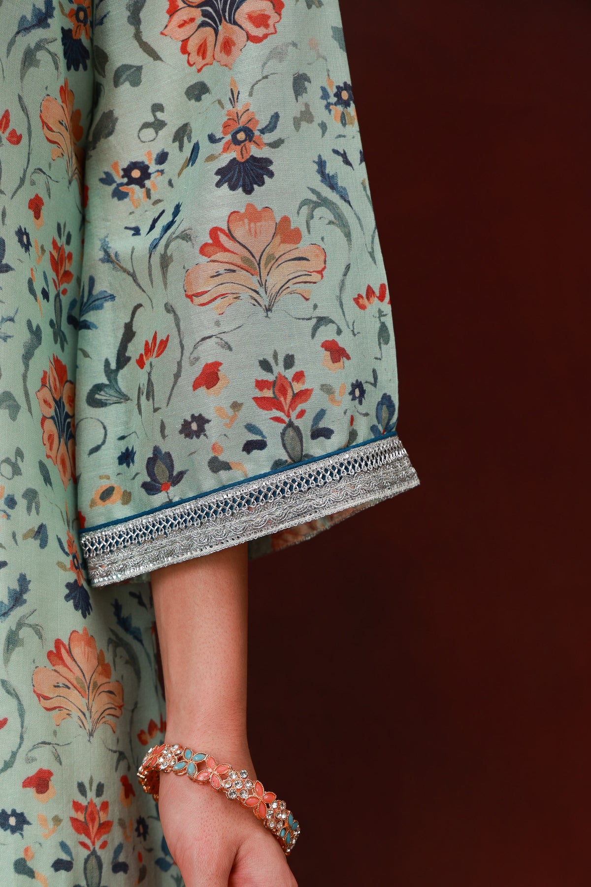 Nirvi sea green floral Chanderi silk suit with navy dupatta, view 4