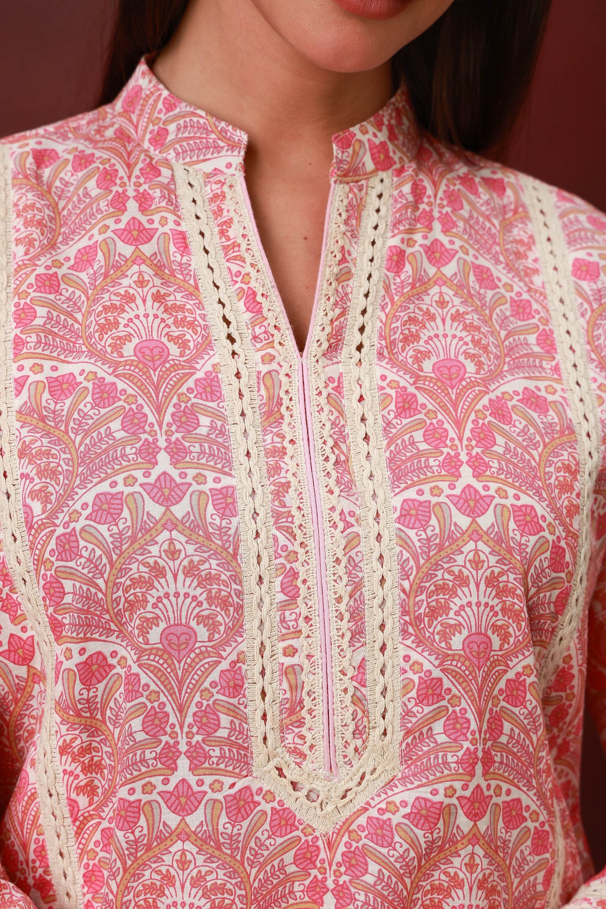 Gulrukh rose pink Jaipuri print cotton three-piece suit with dupatta, view 3