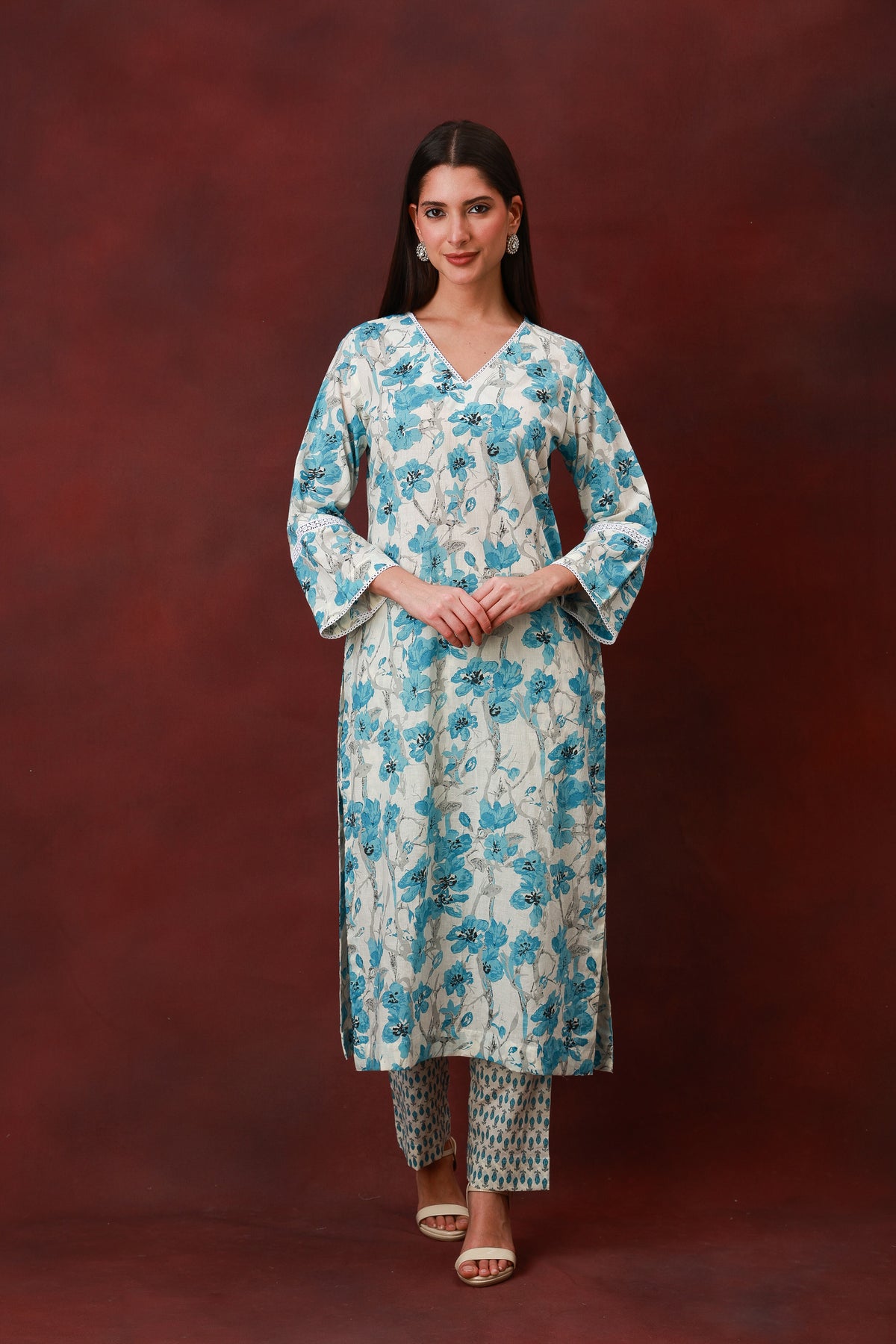 Neelbahar blue floral cotton three-piece suit with dupatta, view 7