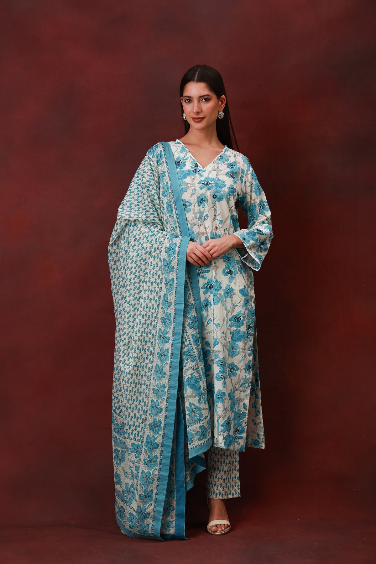 Neelbahar blue floral cotton three-piece suit with dupatta, view 2