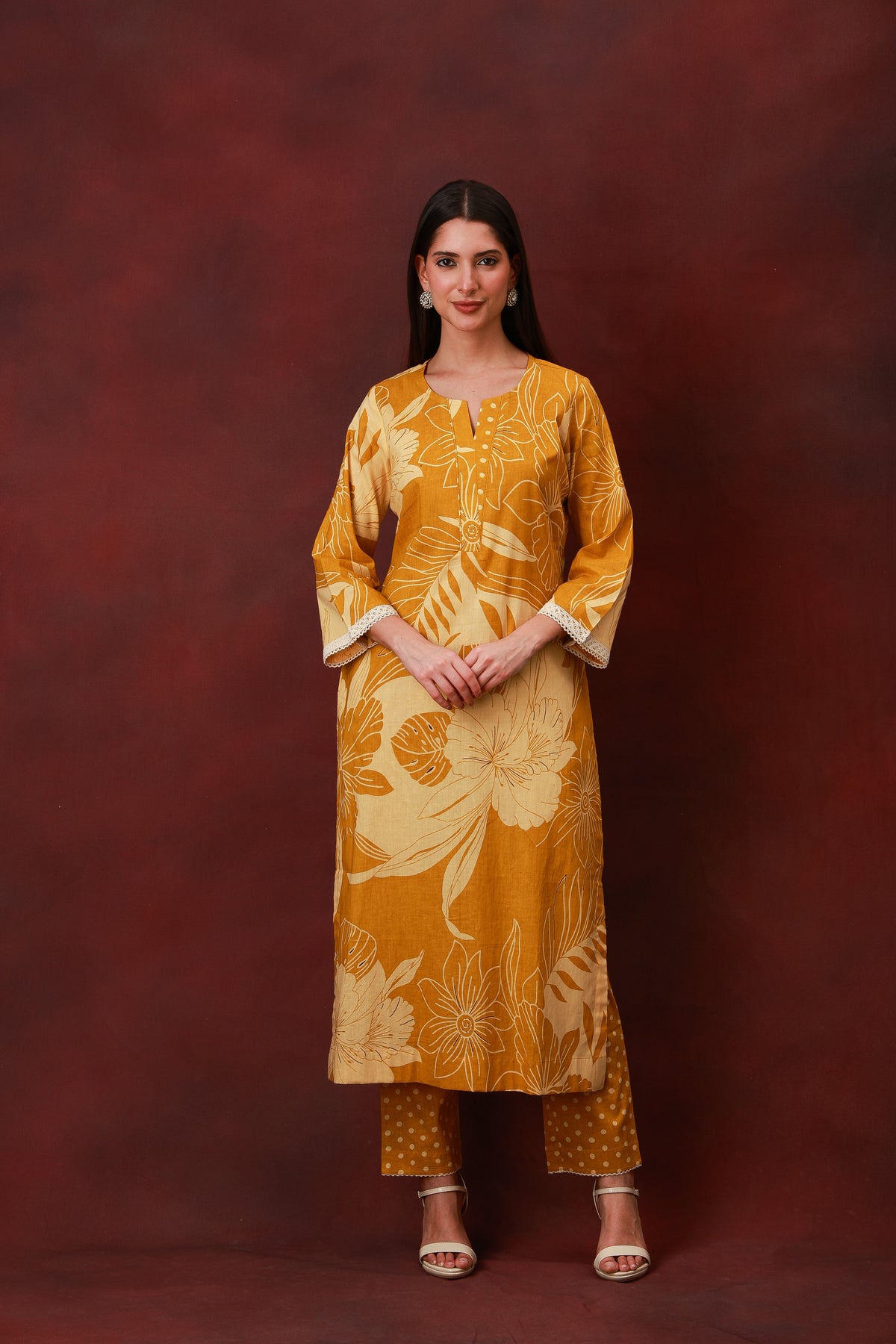 Kanak mustard floral cotton three-piece suit with dupatta, view 6
