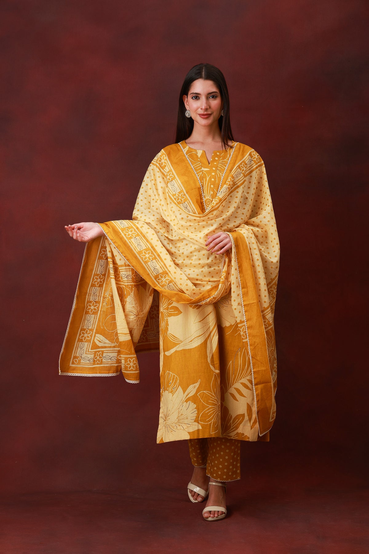 Kanak mustard floral cotton three-piece suit with dupatta, view 7