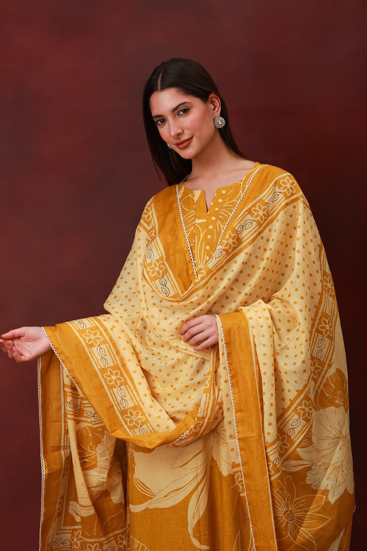 Kanak mustard floral cotton three-piece suit with dupatta, view 2