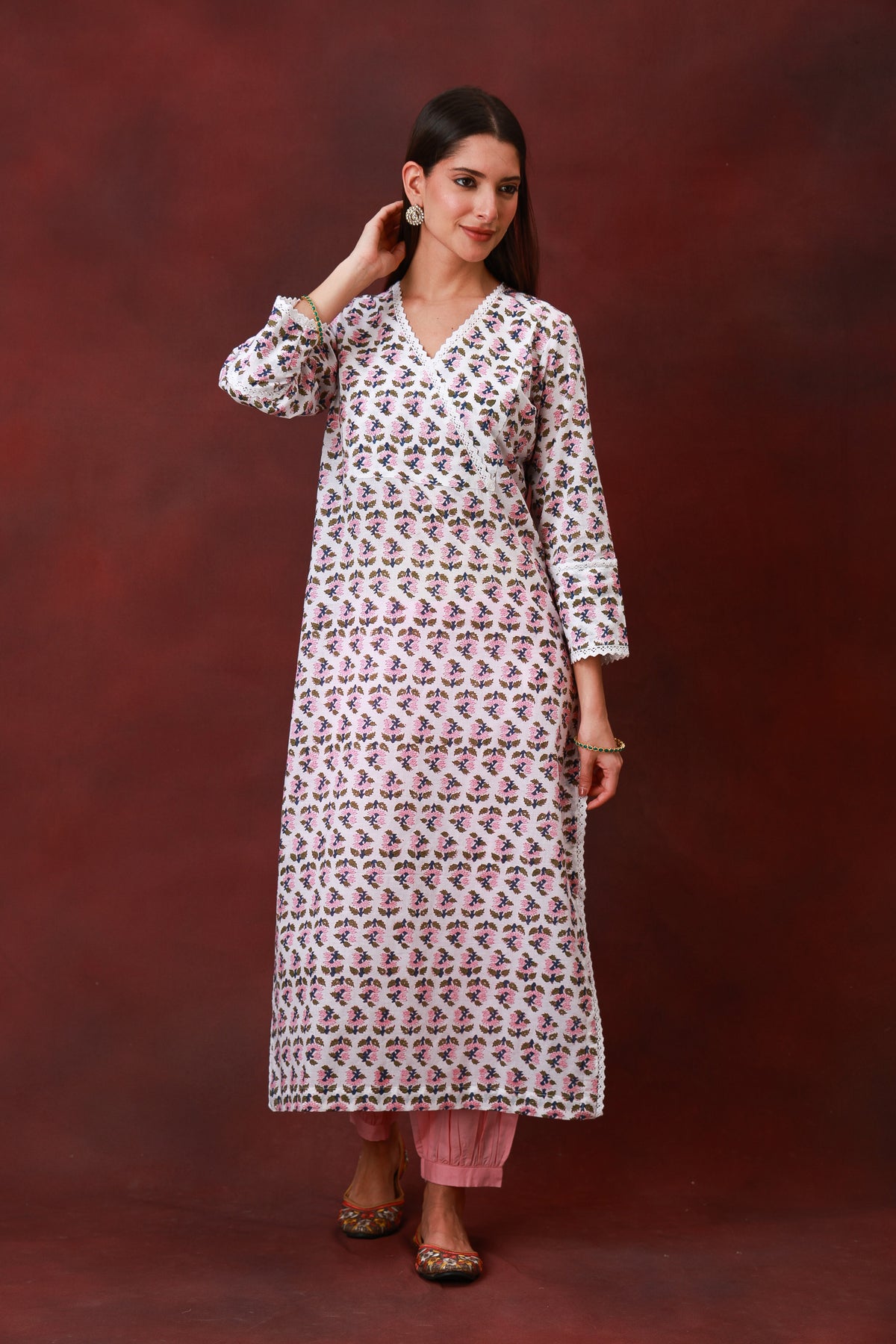 Bahar Jaipur hand block pink floral print white cotton kurta - view 5
