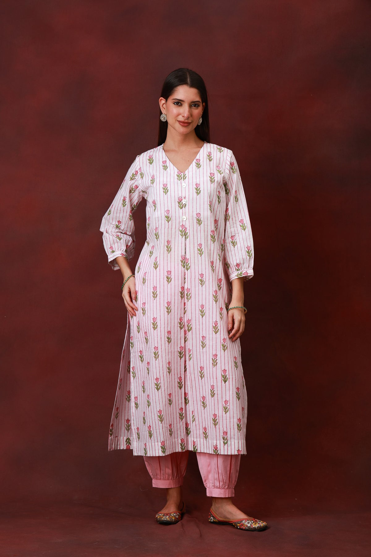 Blush Bloom Jaipur hand block pink floral print white cotton kurta - view 5