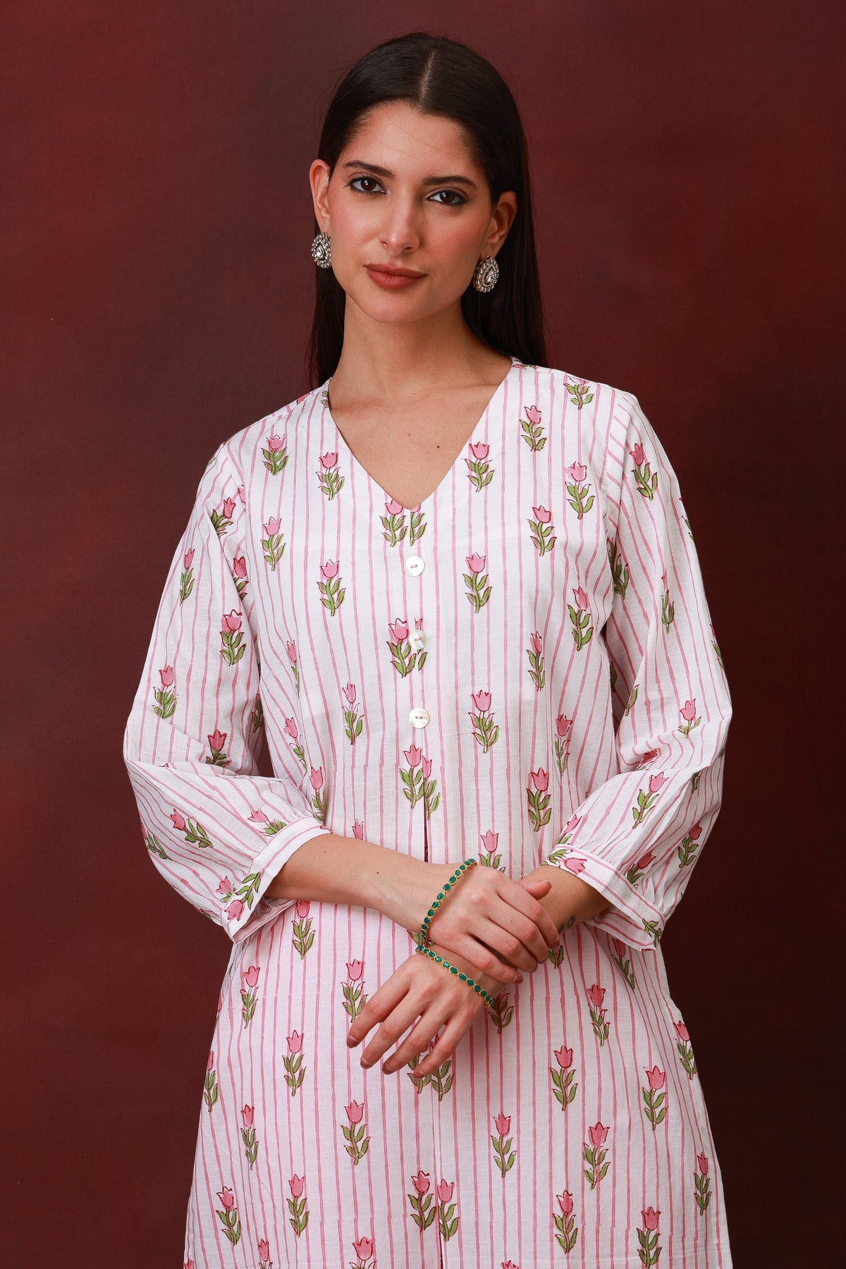 Blush Bloom Jaipur hand block pink floral print white cotton kurta