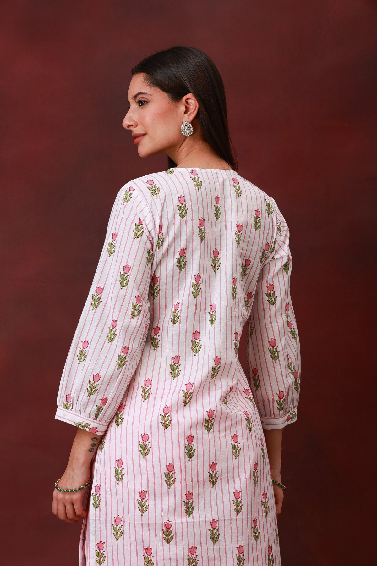 Blush Bloom Jaipur hand block pink floral print white cotton kurta - view 7
