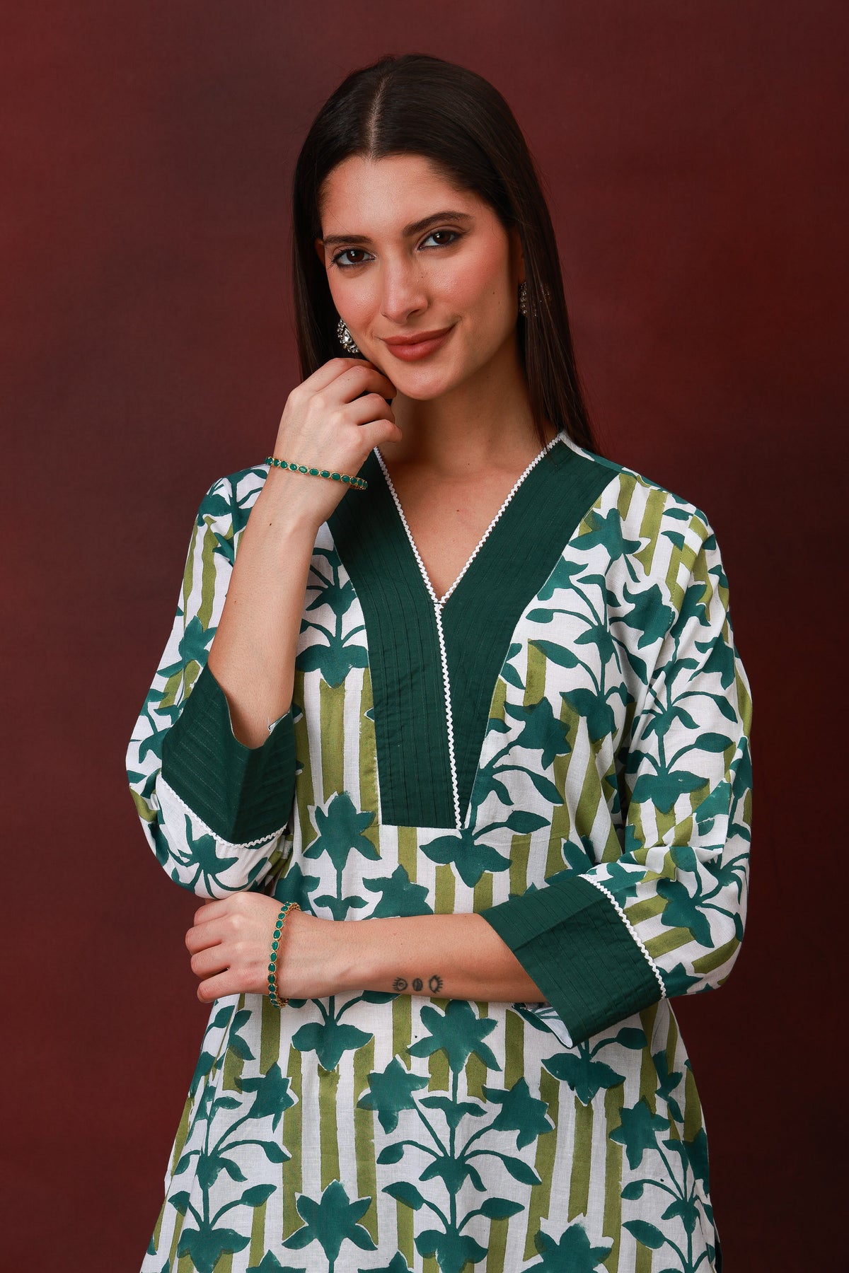 Vanika green Jaipur hand block floral cotton kurta - view 2