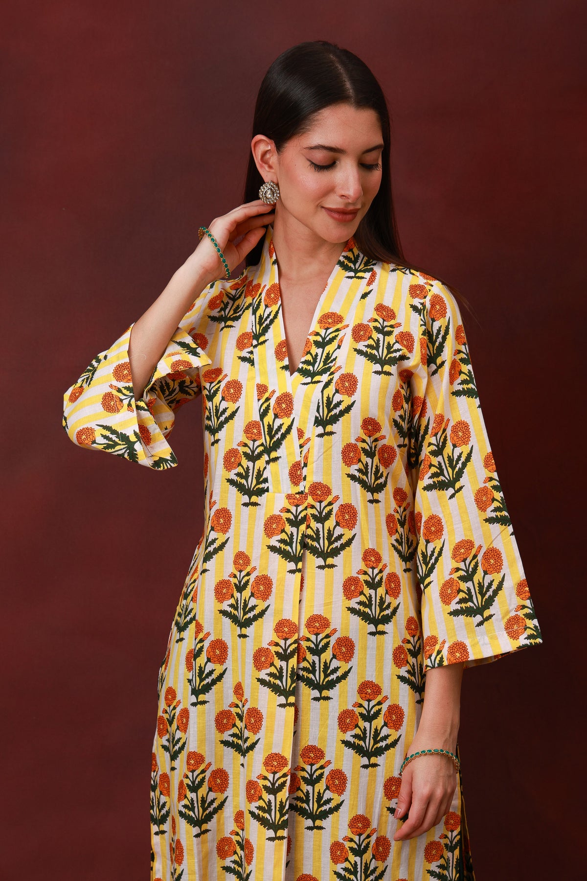 Genda Phool Jaipur hand block floral cotton kurta - view 2