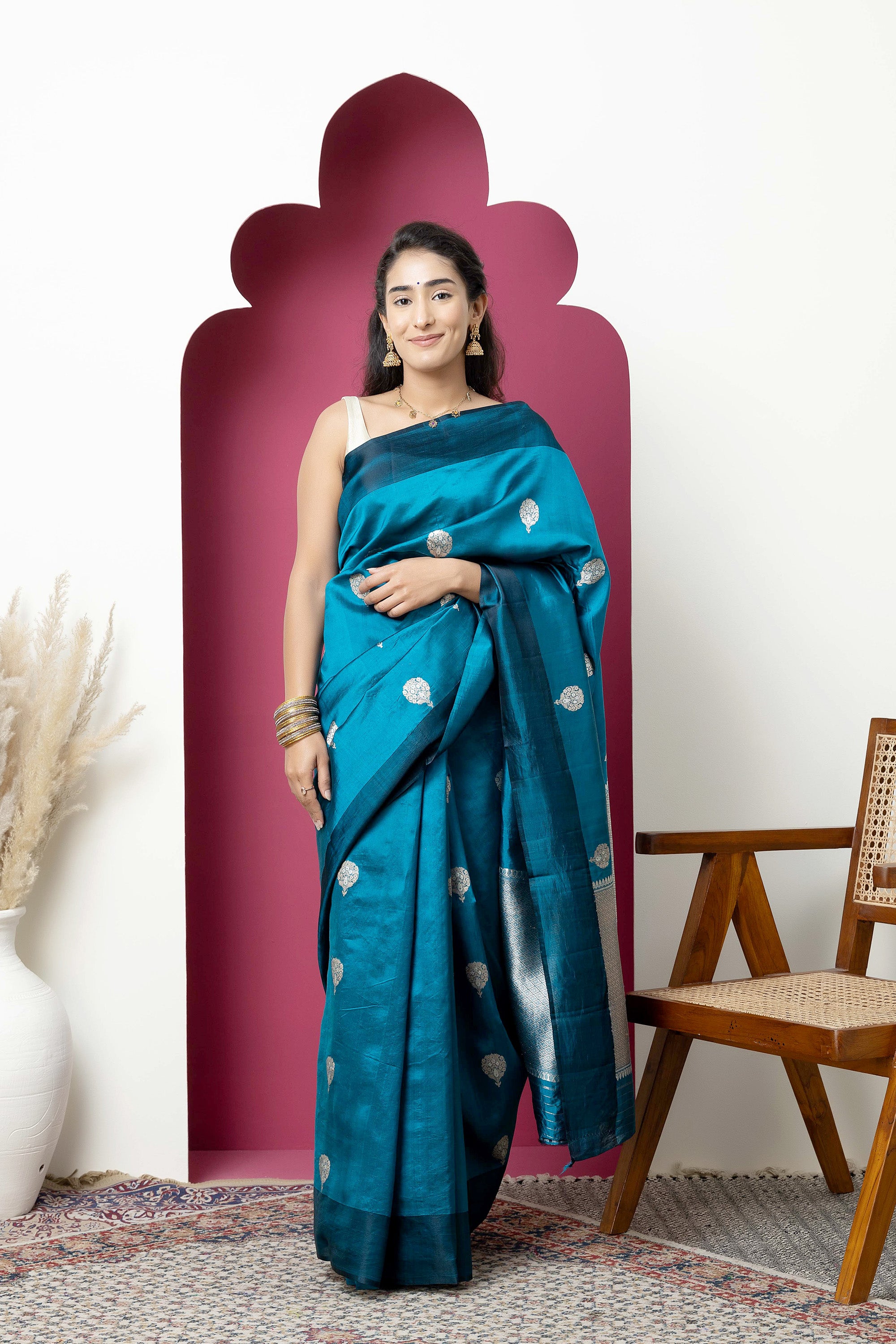 Banarasi Handloom teal blue pure silk saree with large bute and zari border