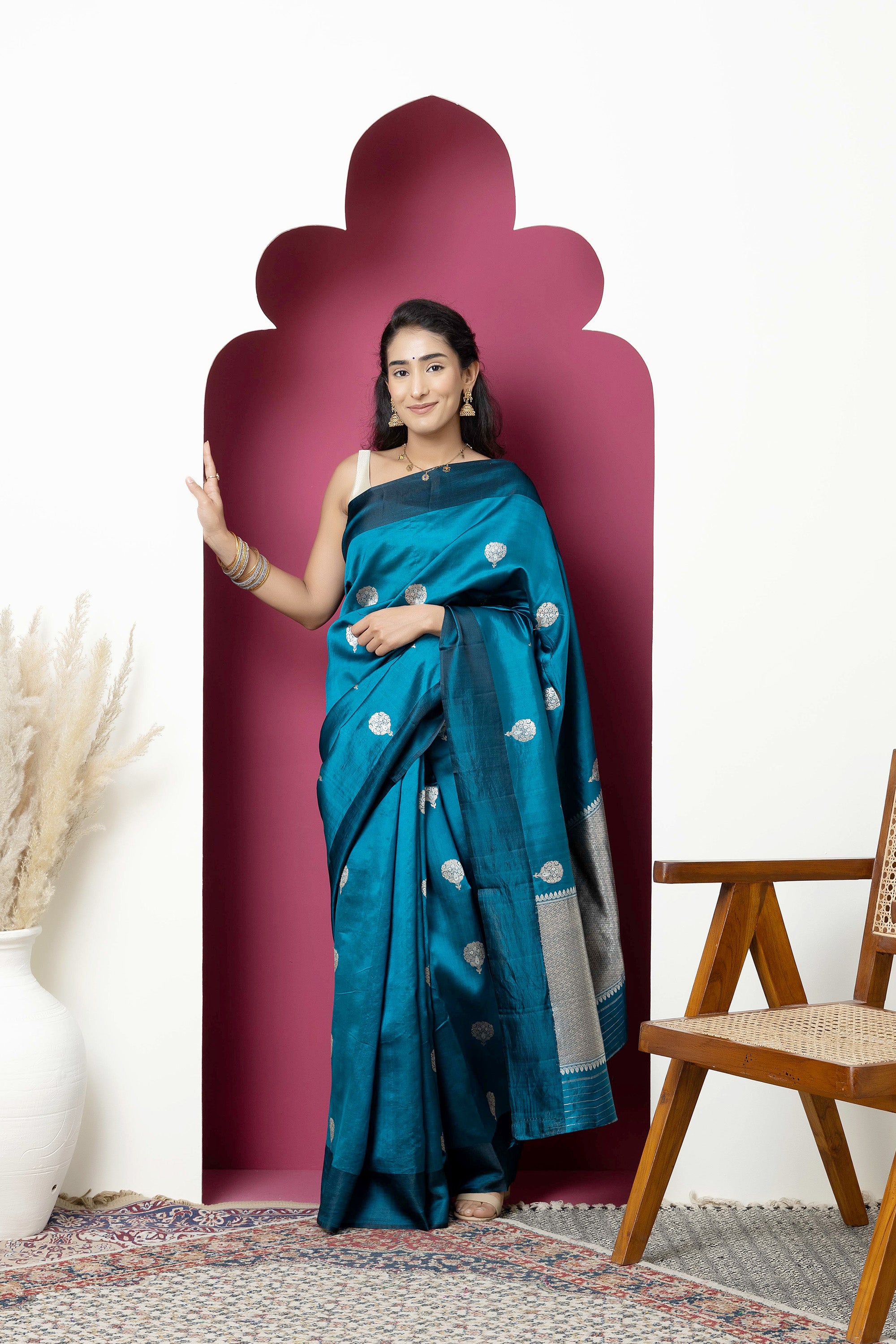 Banarasi Handloom teal blue pure silk saree with large bute and zari border