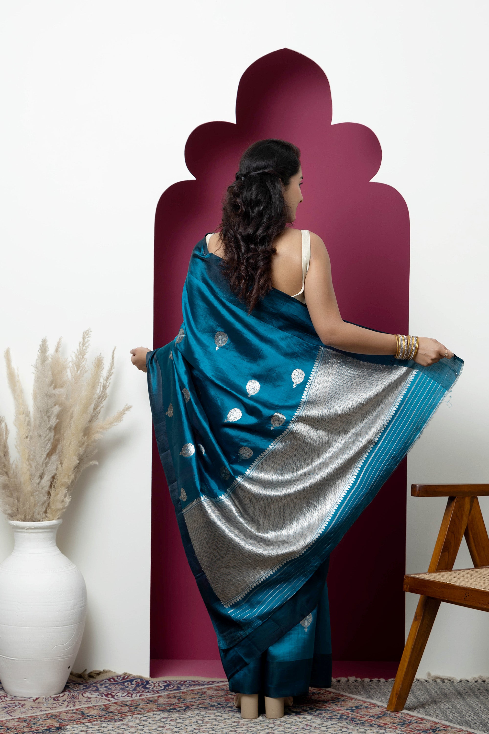 Banarasi Handloom teal blue pure silk saree with large bute and zari border