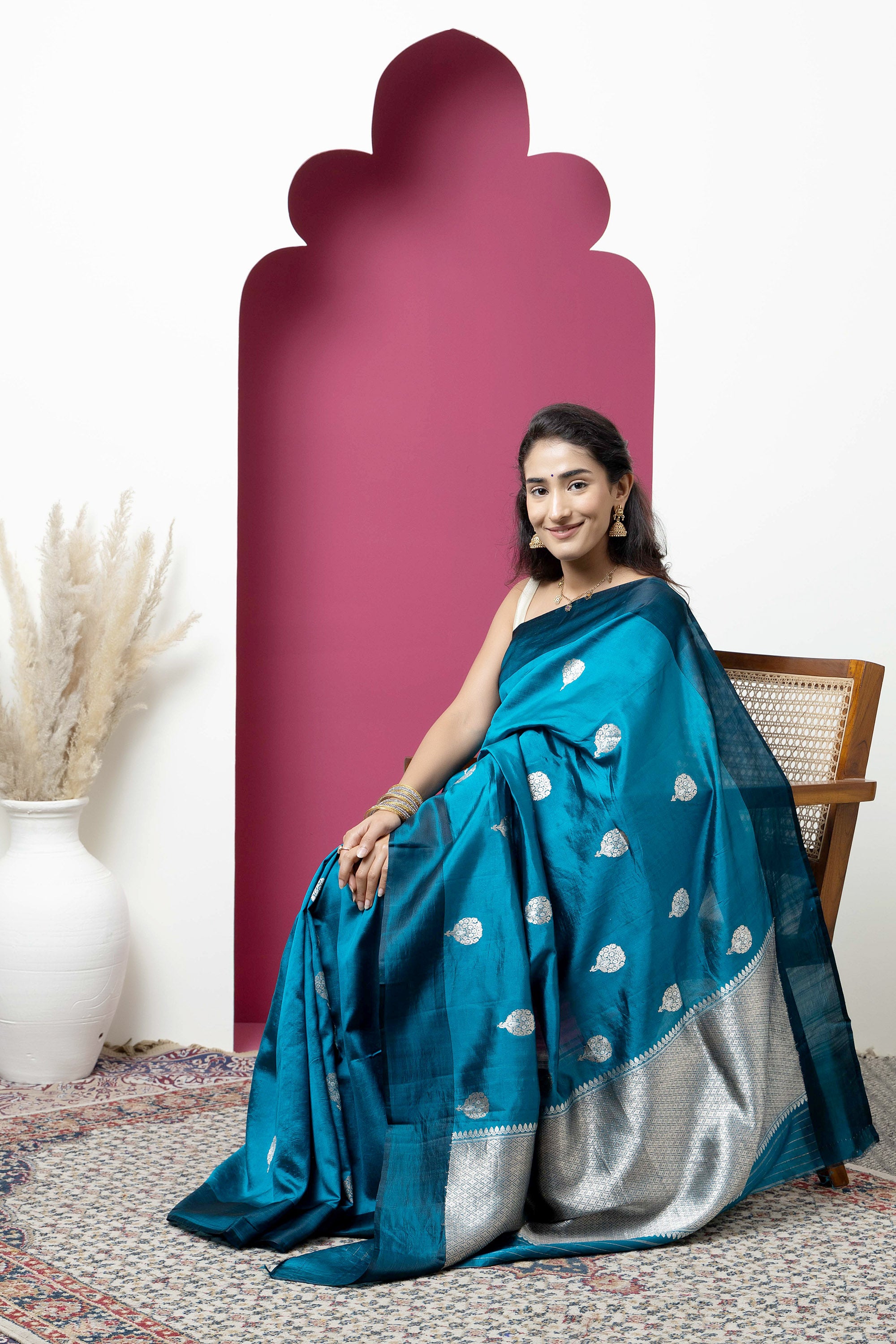 Banarasi Handloom teal blue pure silk saree with large bute and zari border