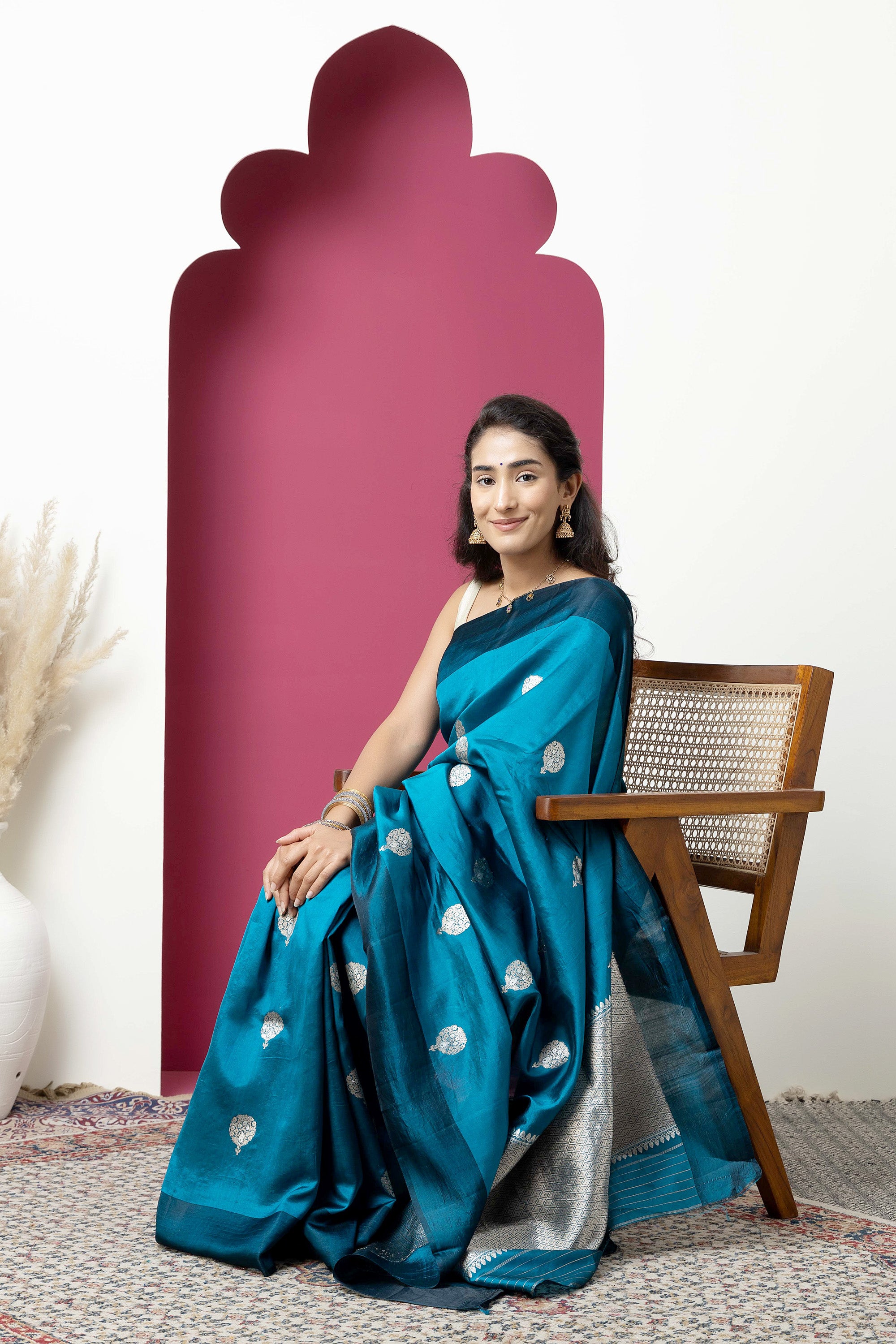 Banarasi Handloom teal blue pure silk saree with large bute and zari border