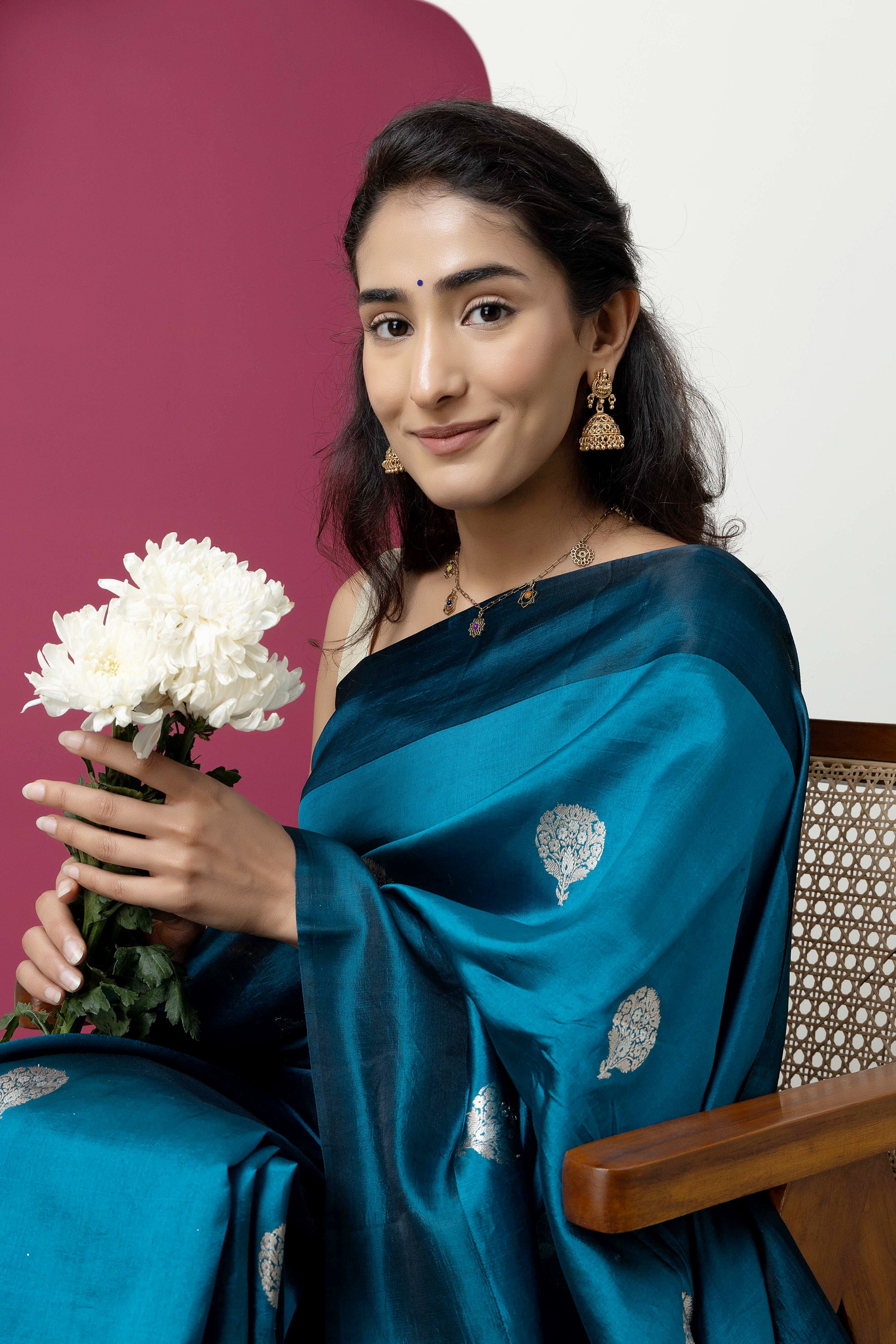 Banarasi Handloom teal blue pure silk saree with large bute and zari border