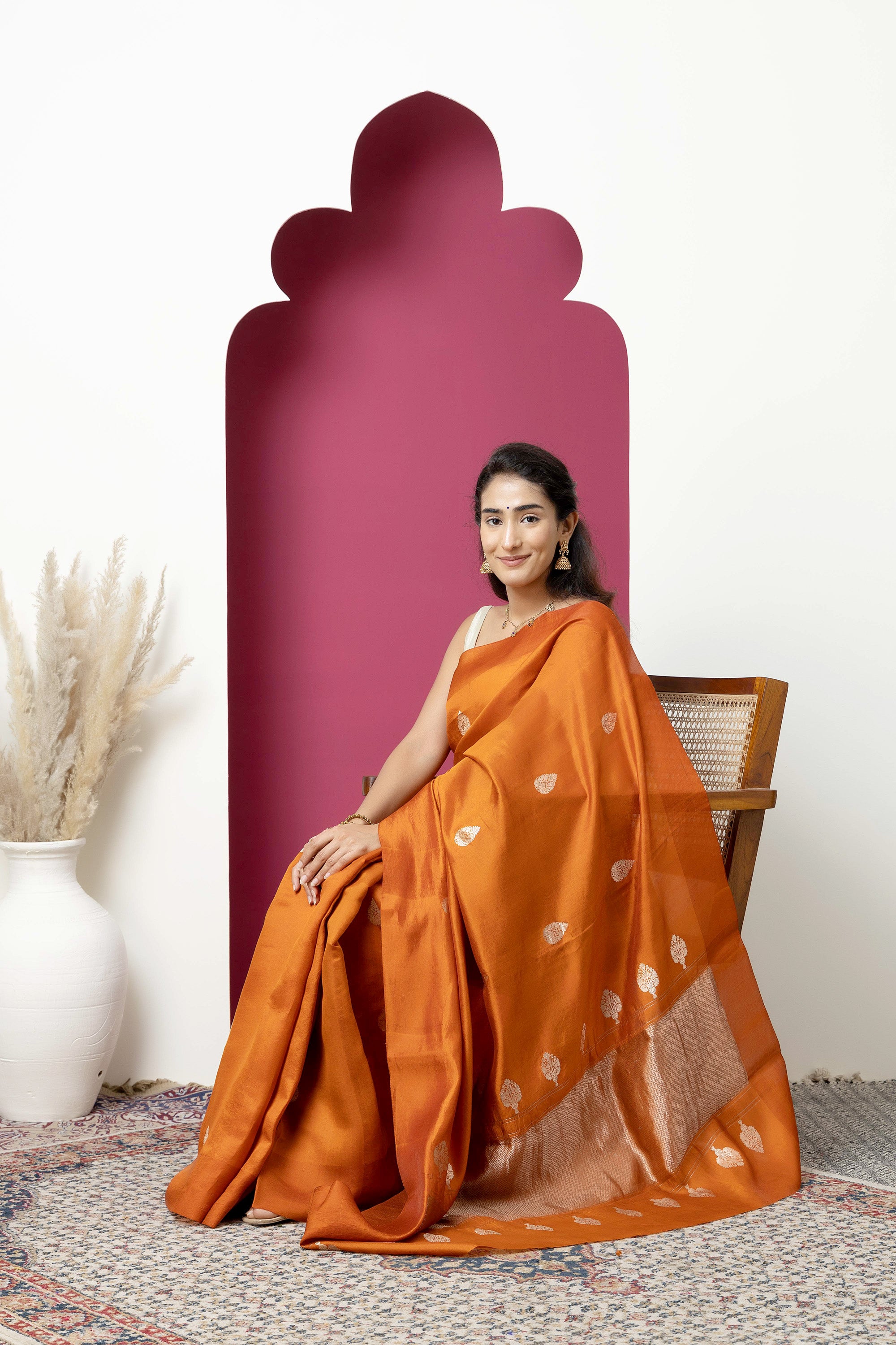 Banarasi Handloom rust yellow pure silk saree with large bute and zari border