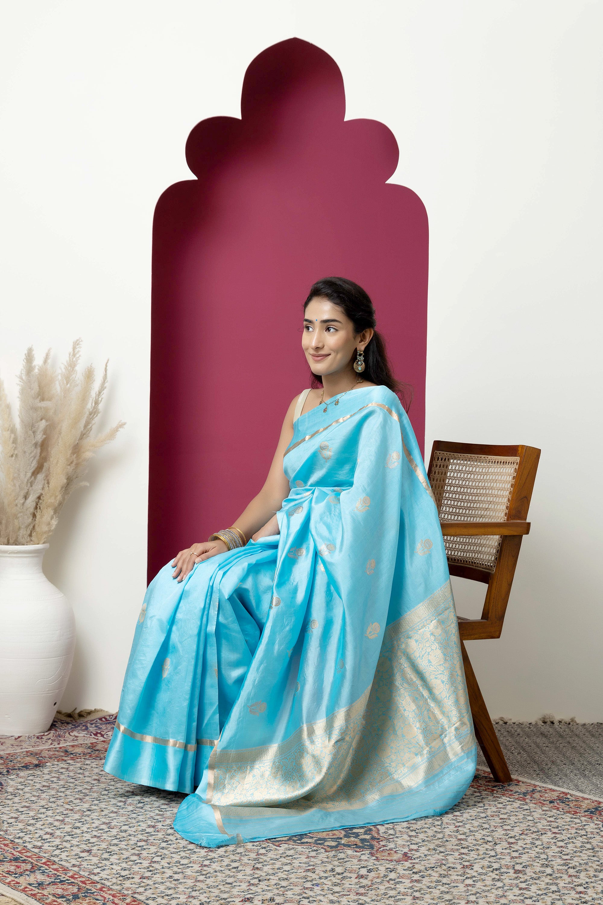 Banarasi Handloom light blue pure silk saree with large bute and zari border