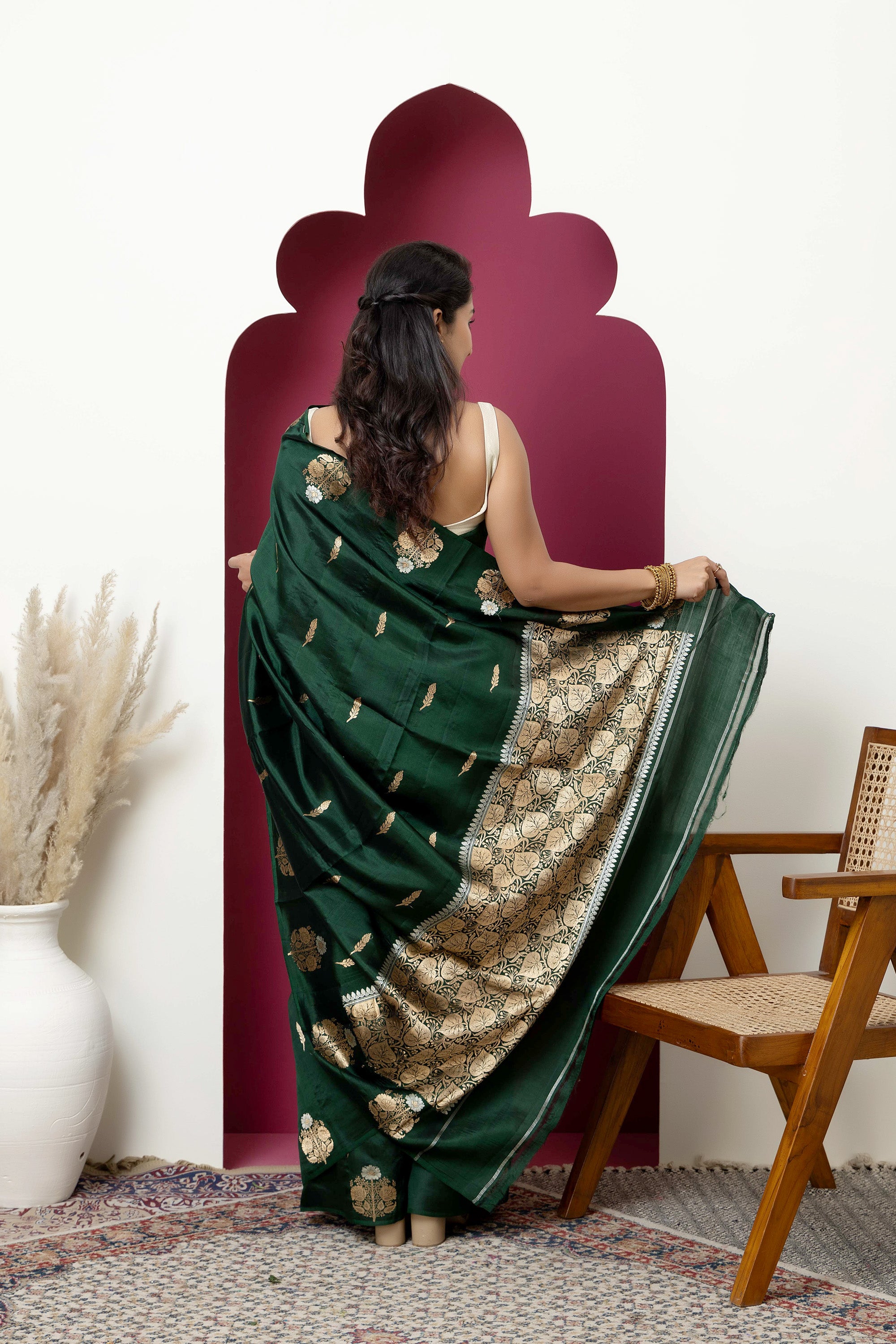 Banarasi Handloom deep bottle green pure silk saree with large bute on the border, bute all over and zari border