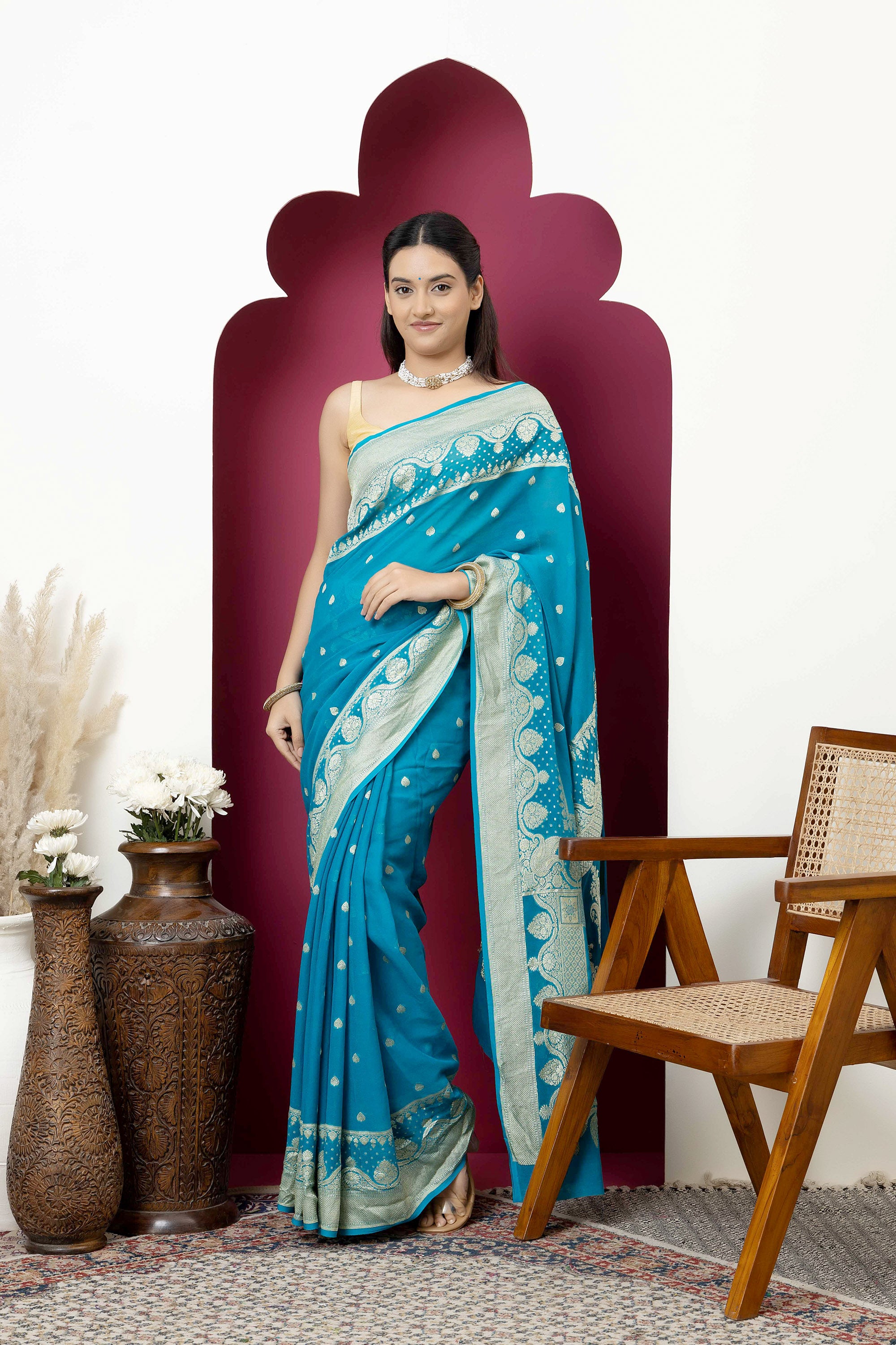 Banarasi pure silk georgette blue saree with zari Bute, zari pallu