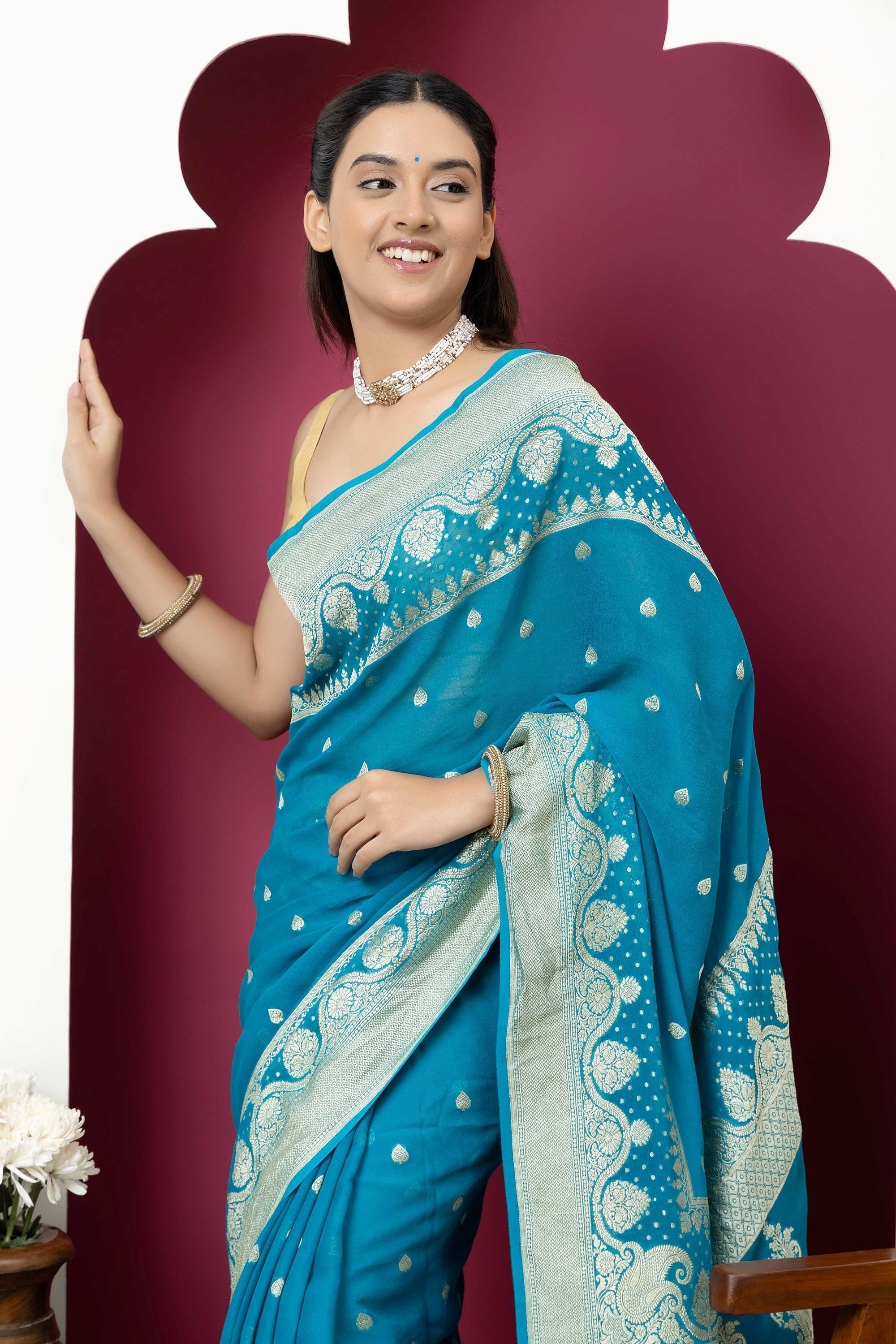 Banarasi pure silk georgette blue saree with zari Bute, zari pallu