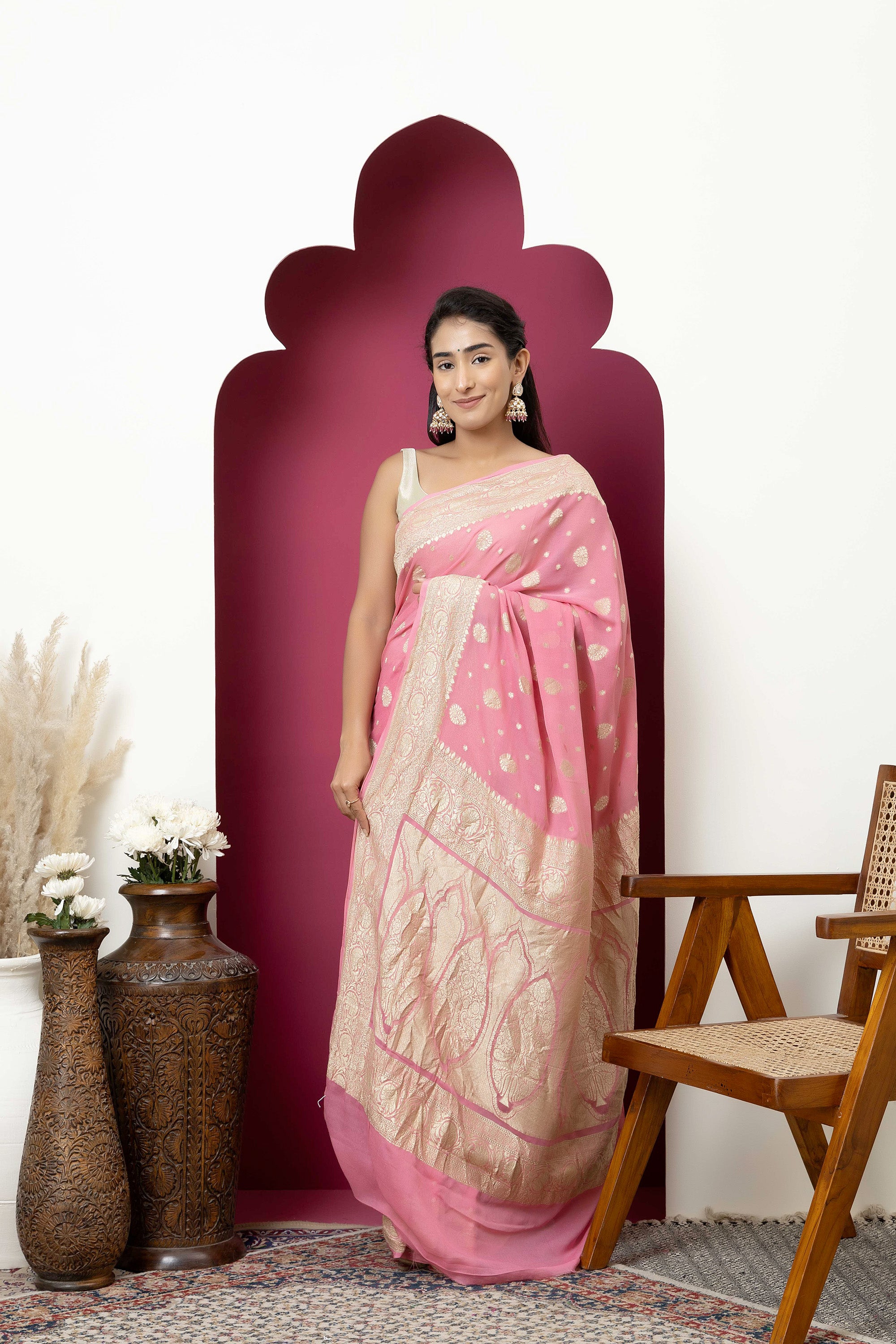 Banarasi pure silk khaddi georgette pink saree with zari Bute, zari pallu